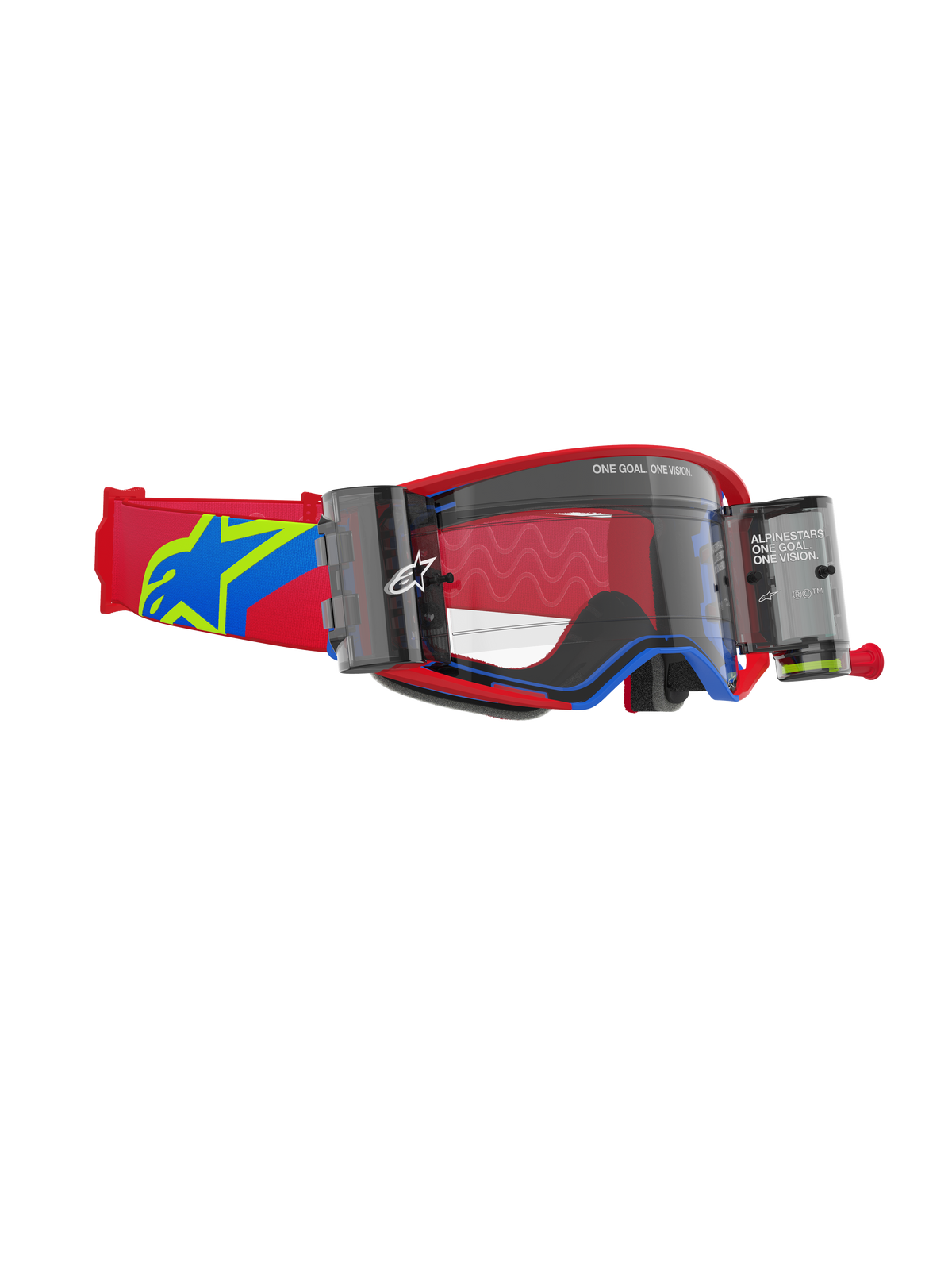 Óculos Alpinestars Supertech Corp Roll Off, óculos de motocross, armação vermelha e azul com lente transparente, sistema Wide Vision Roll-Off integrado com cartuchos duplos, fita ajustável vermelha com logótipo de estrela azul e amarelo, proteção ocular profissional para corridas todo-o-terreno.