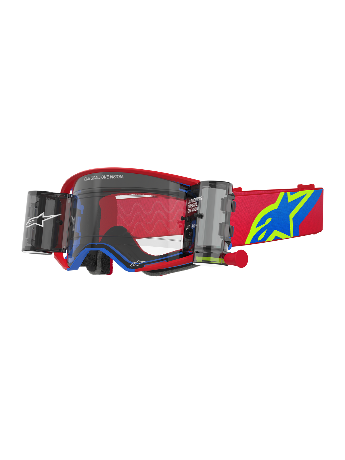 Alpinestars Supertech Corp Goggles Roll Off, óculos de motocross, vermelhos e azuis com lente transparente, sistema Wide Vision Roll-Off integrado, lente transparente moldada por injeção, armação vermelha com pormenores azuis, fita larga vermelha com logótipo de estrela em azul e amarelo, proteção ocular profissional para competição de todo-o-terreno