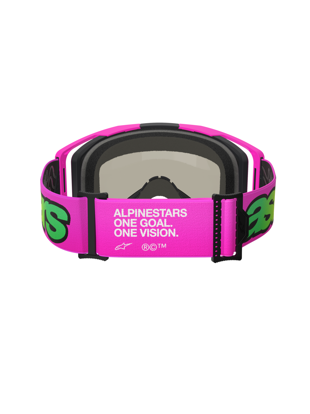 Alpinestars Vision 8 Vista Goggles, óculos de motocross, rosa e amarelo néon, vista traseira da correia larga ajustável com a marca branca 'One Goal. One Vision.', armação rosa com espuma facial preta, proteção ocular de alta performance para off-road