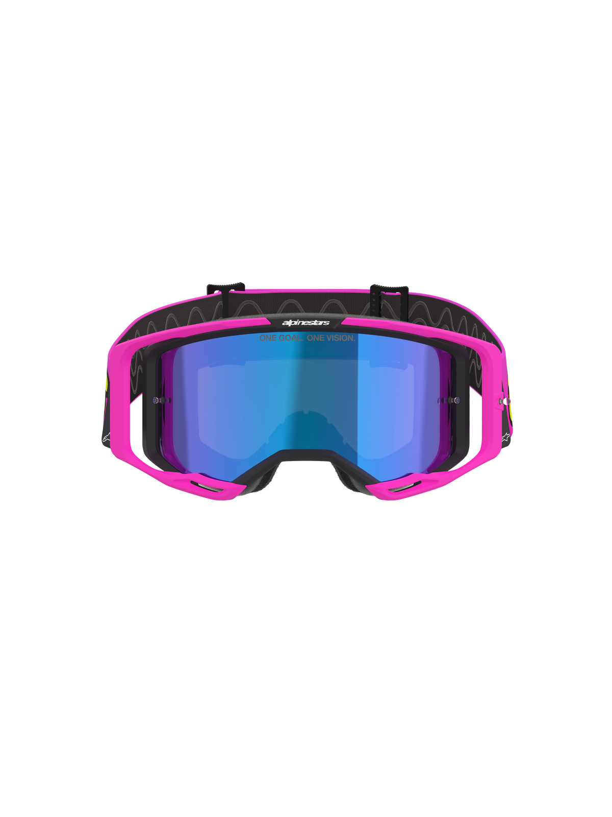 Óculos Alpinestars Vision 8 Vista, óculos de motocross, rosa fluo e amarelo fluo com lente espelhada azul, armação rosa vibrante, lente azul espelhada, correia preta com a inscrição 'ONE GOAL. ONE VISION.', óculos de proteção profissional para corridas off-road