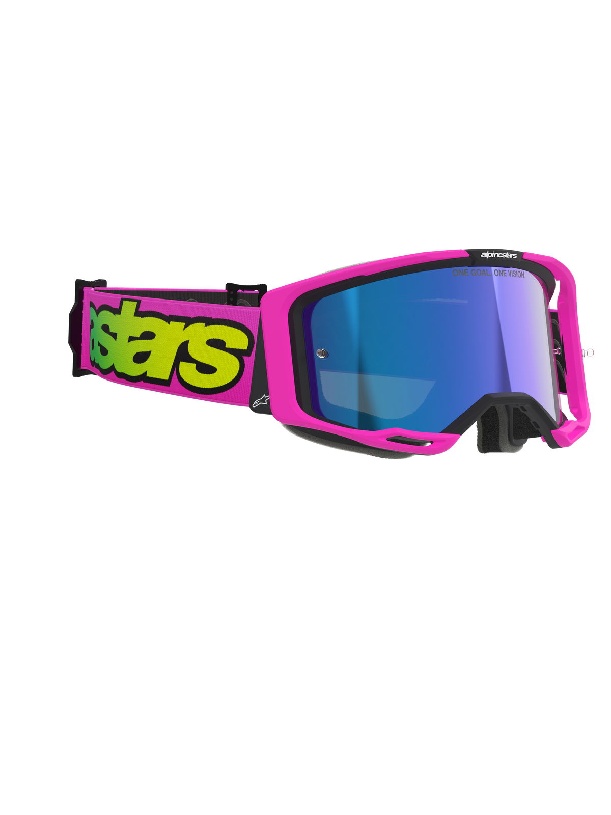 Óculos Alpinestars Vision 8 Vista, óculos de motocross, rosa fluo e amarelo fluo com lente azul espelhada, armação e correia rosa vibrante com logótipo amarelo arrojado, proteção ocular profissional para off-road