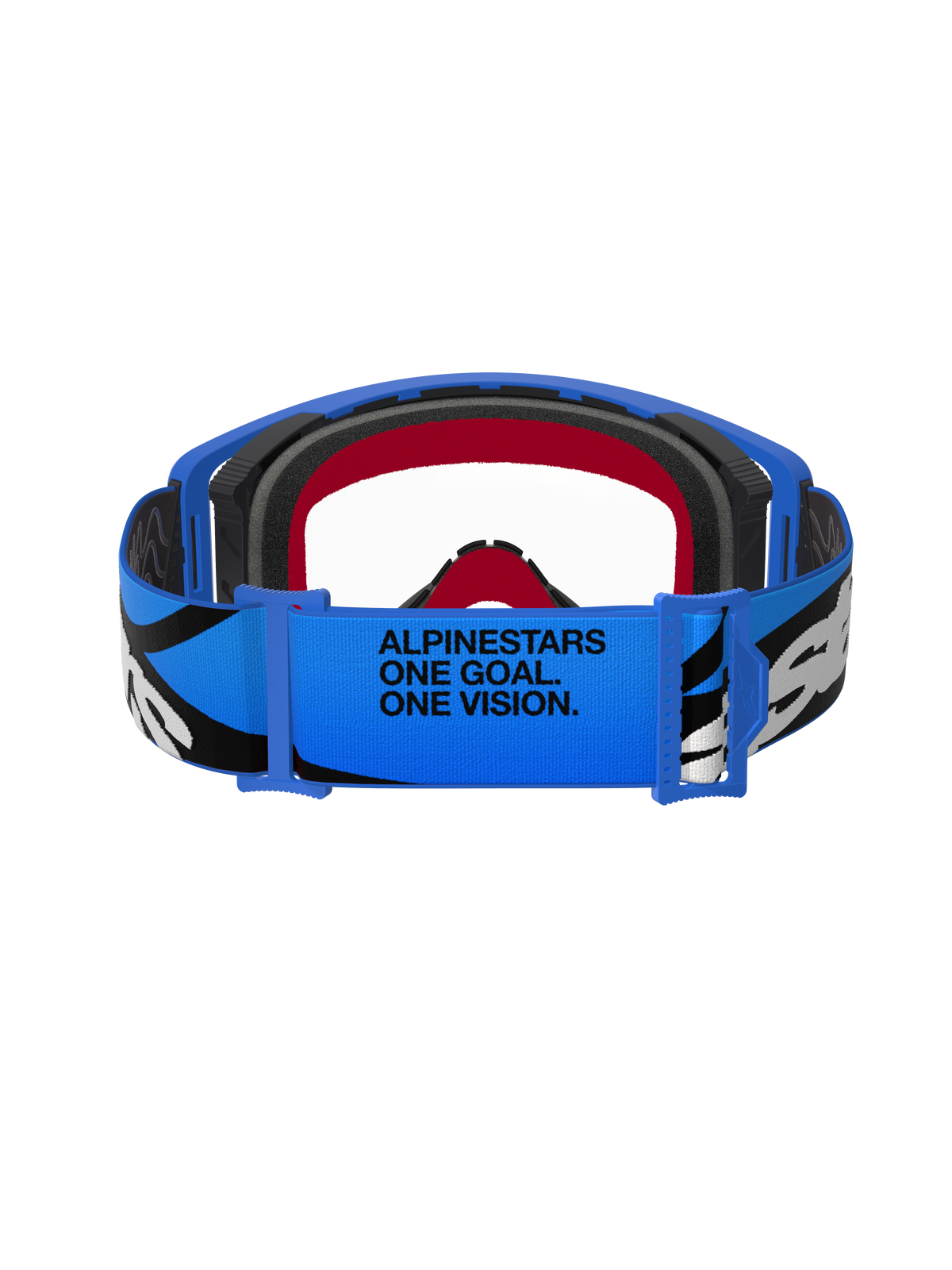 Alpinestars Supertech Stream Goggles, Motocross Goggles, Blue and Clear, rear view of blue strap with "ALPINESTARS ONE GOAL. ONE VISION." text, black and white graphics, and red and black foam lining