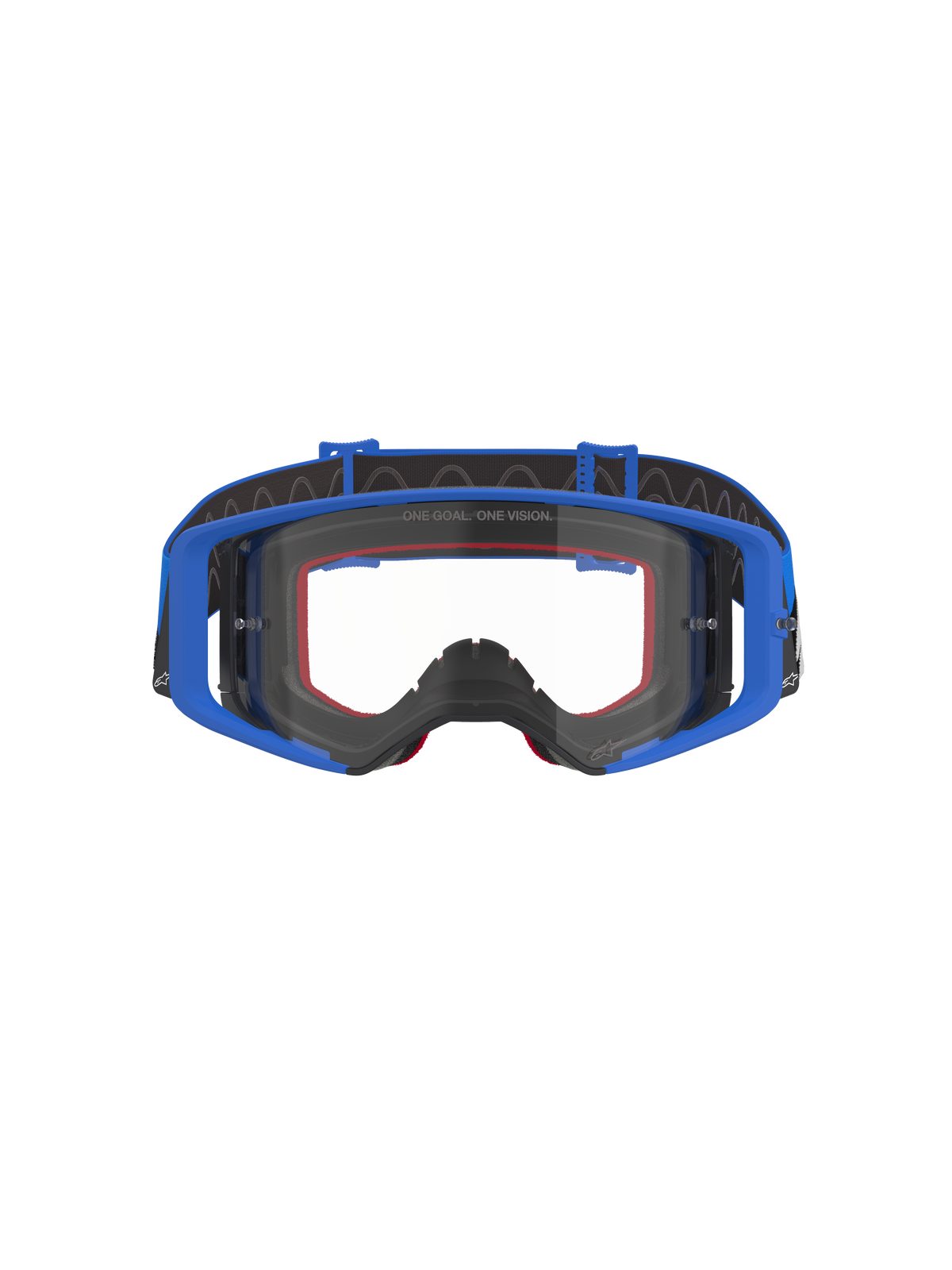 Alpinestars Supertech Stream Goggles, Motocross and Off-Road Goggles, Blue with Clear Lens, featuring a blue frame, red foam padding, and black adjustable strap with internal silicone grip, "ONE GOAL. ONE VISION." branding on the lens, high-performance protective eyewear for racing.
