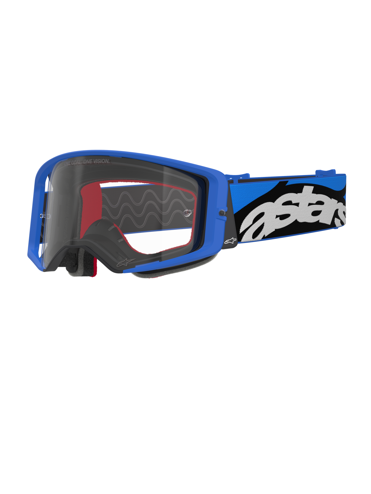 Alpinestars Supertech Stream Goggles, Motocross Goggles, Blue and Clear, bright blue frame with a clear lens, wide blue and black adjustable strap with a bold white 'astars' logo, red interior foam accents, professional eyewear for off-road and motocross racing