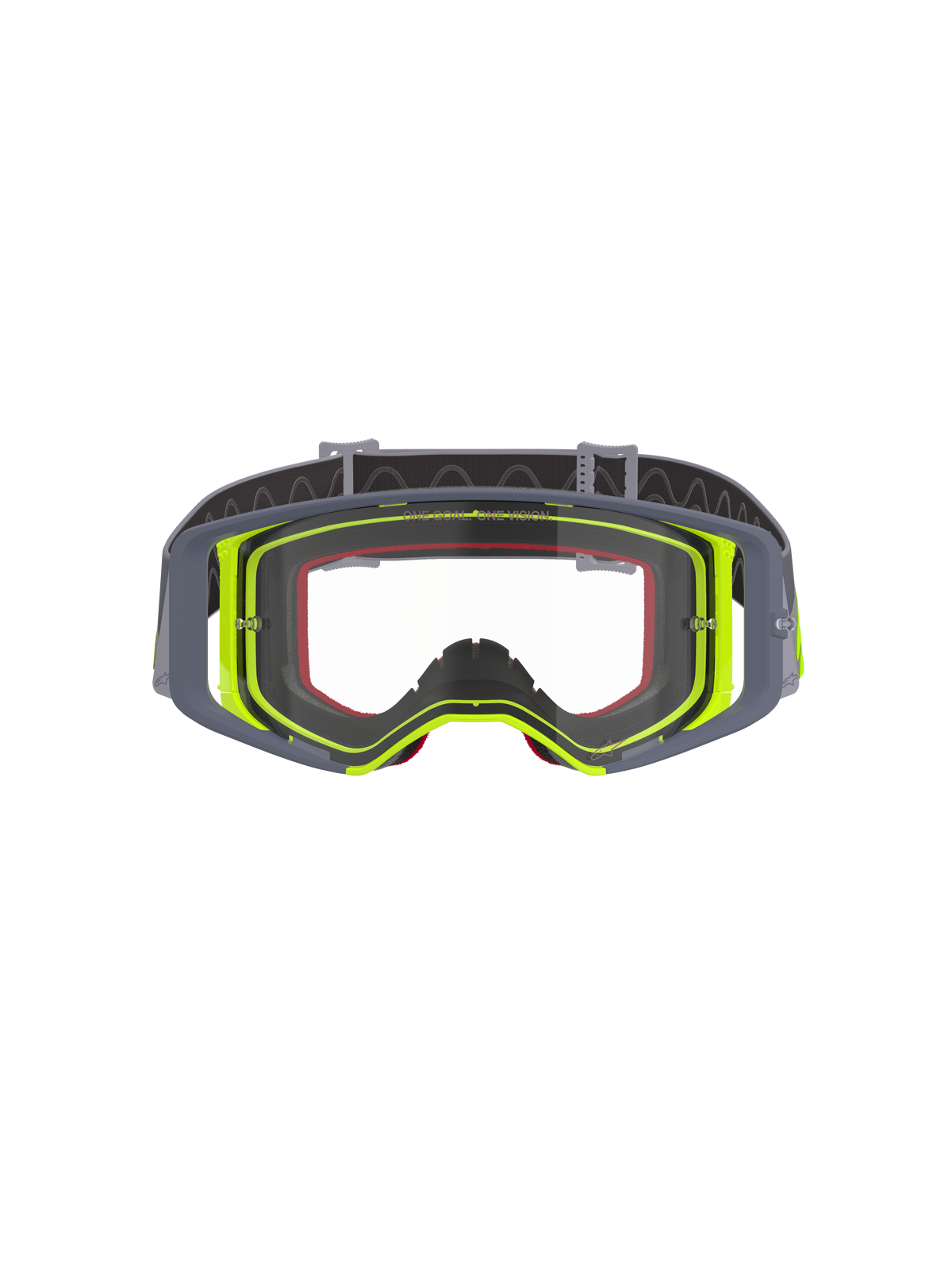 Óculos Alpinestars Supertech Stream, óculos de motocross, armação cinzenta e amarela fluorescente com lente transparente, vista frontal mostrando o design de visão ampla e a construção técnica da armação, proteção ocular para corridas off-road