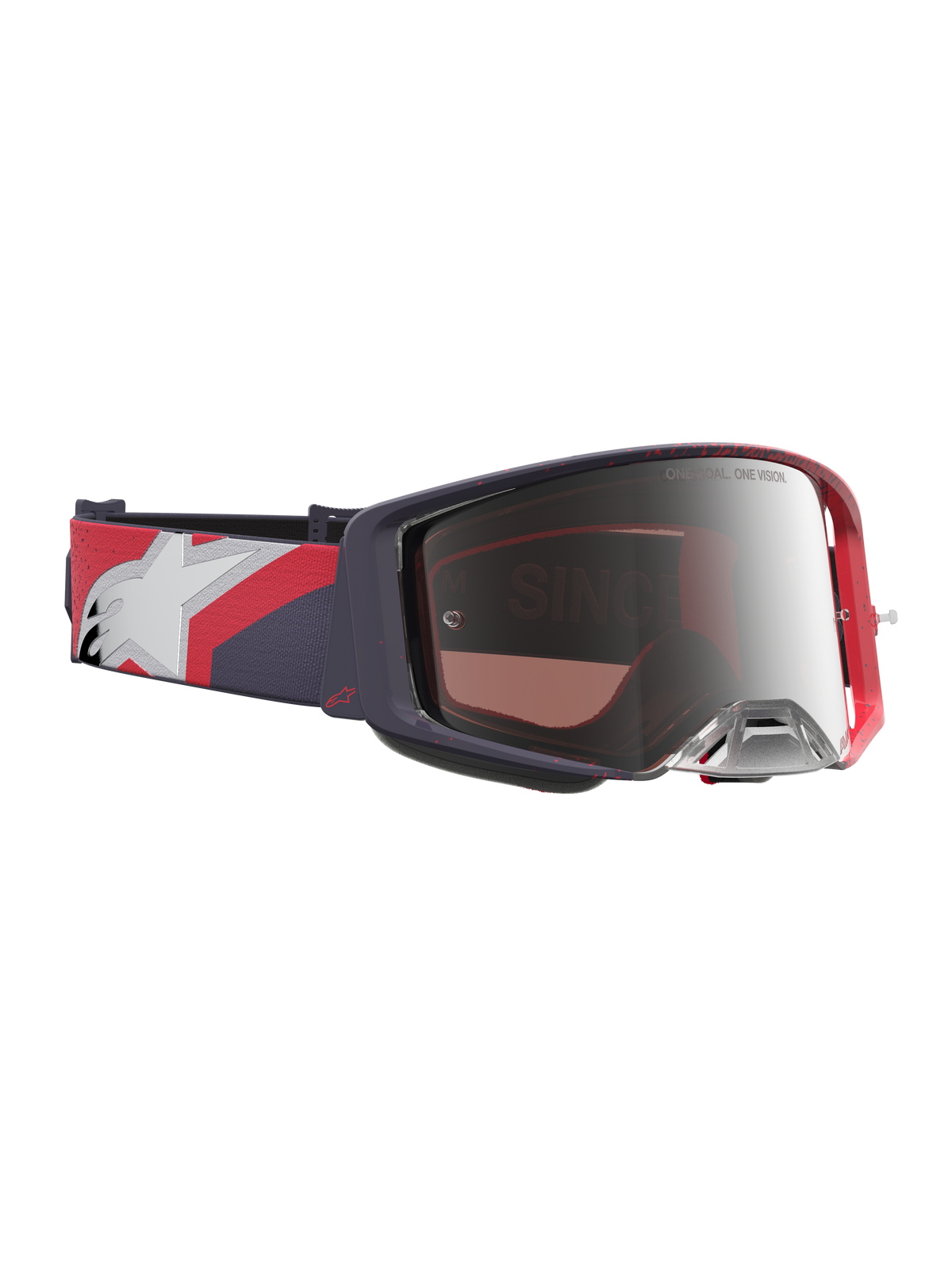 Óculos Alpinestars Supertech Hiten, óculos de motocross com armação preta e vermelha, lente prateada espelhada e fita ajustável com grafismos.