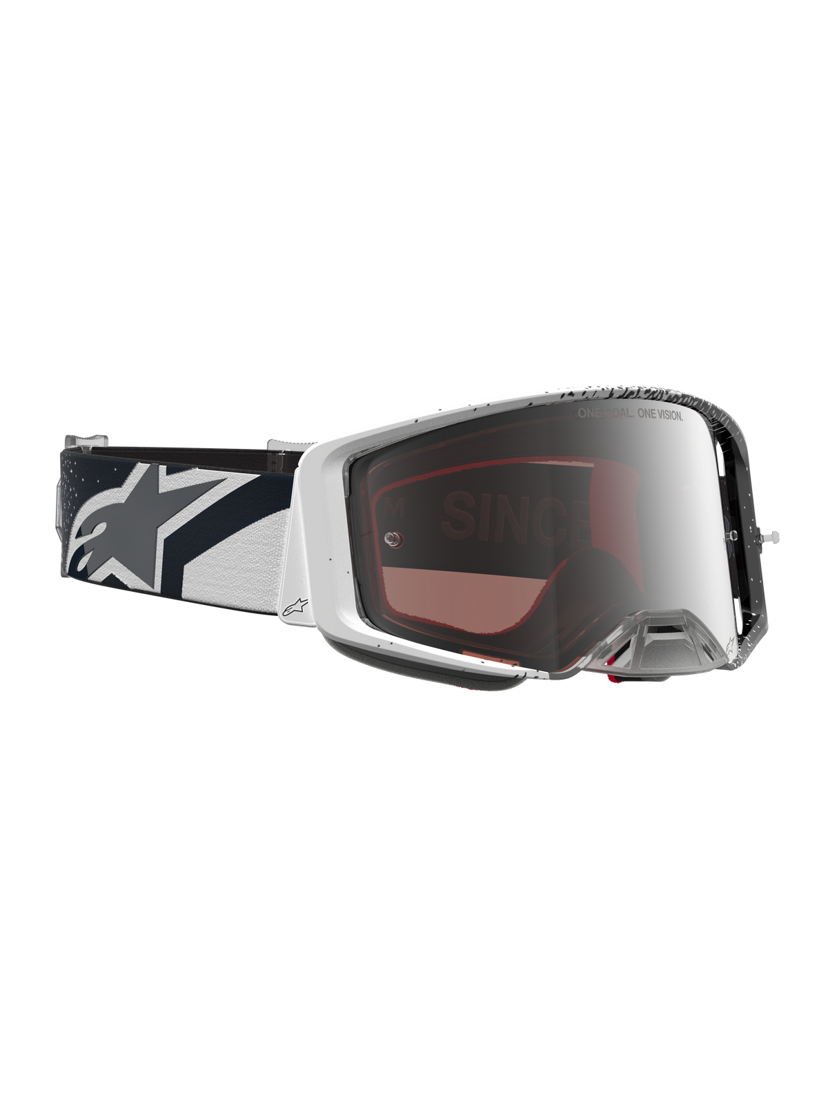 Óculos Alpinestars Supertech Hiten de motocross, brancos e pretos, com lente prateada espelhada e correia com logótipo de estrela