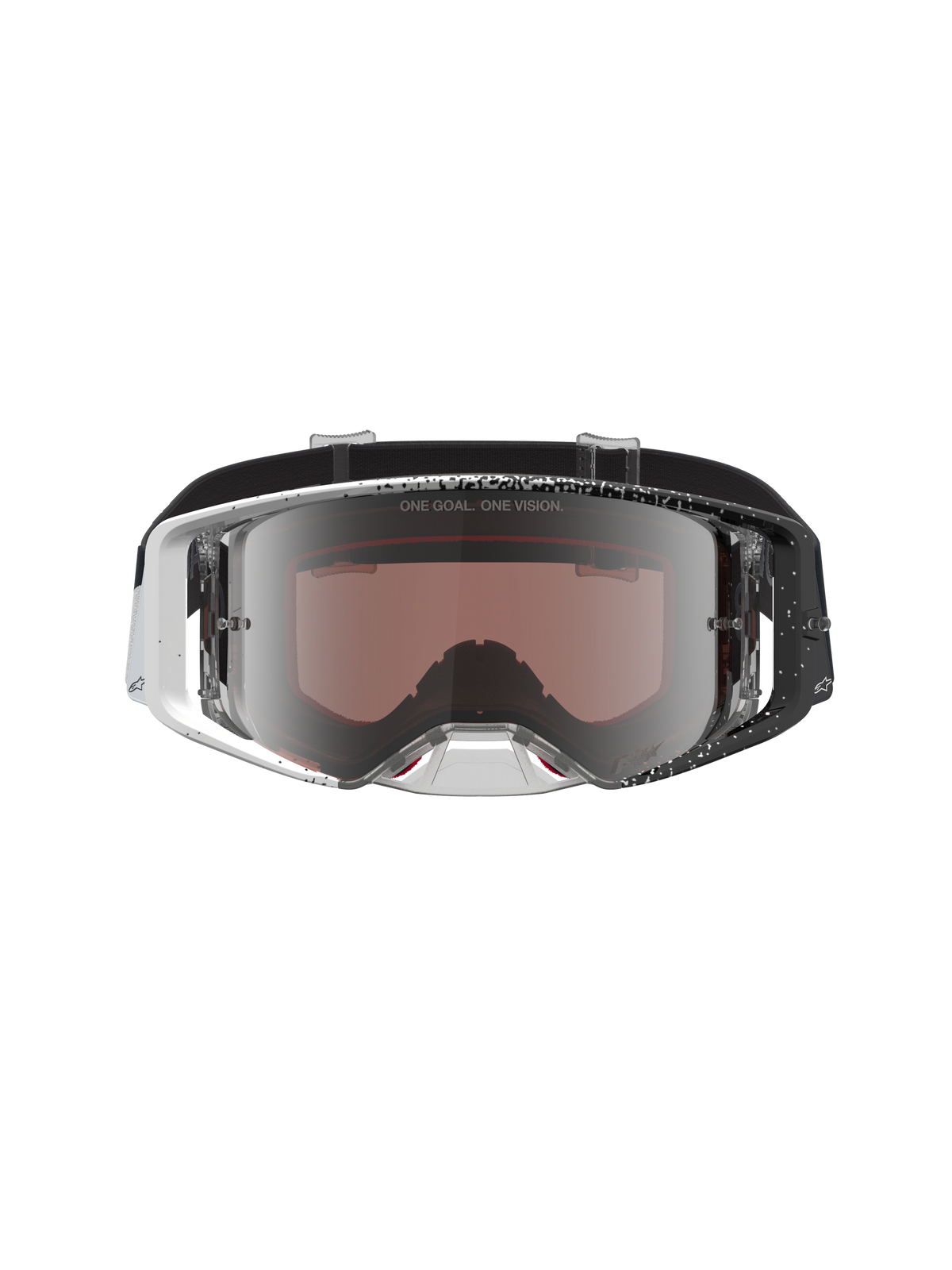 Óculos Alpinestars Supertech Hiten, óculos de motocross com armação salpicada branca e preta e lente prateada espelhada.