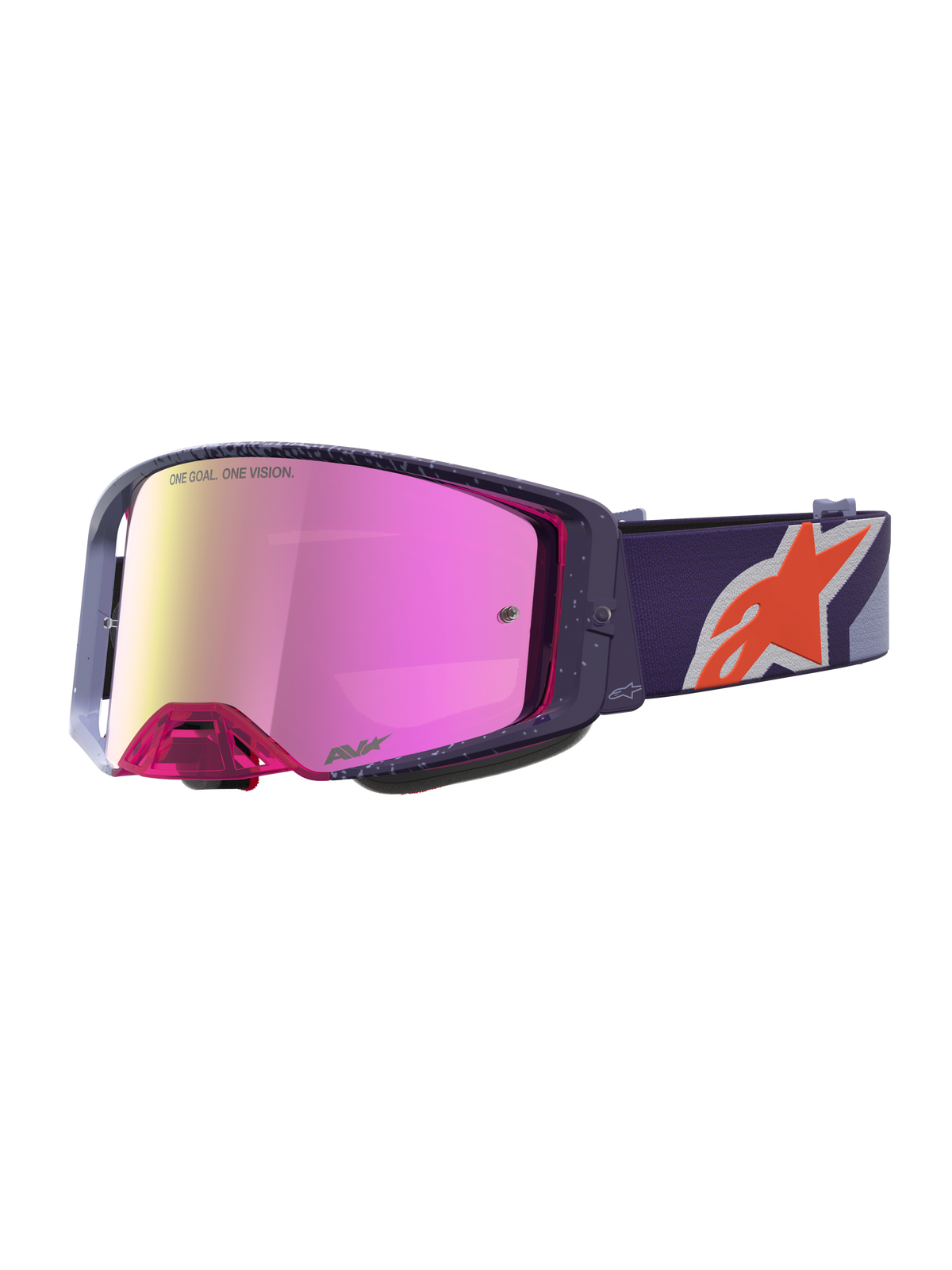 Óculos Supertech Hiten da Alpinestars, óculos de motocross e off-road, roxos com lente espelhada rosa e vermelha.