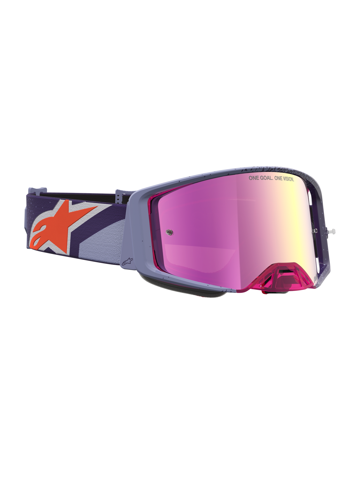 Alpinestars Óculos Supertech Hiten, óculos de motocross roxos com lente rosa espelhada e logótipo laranja na correia.