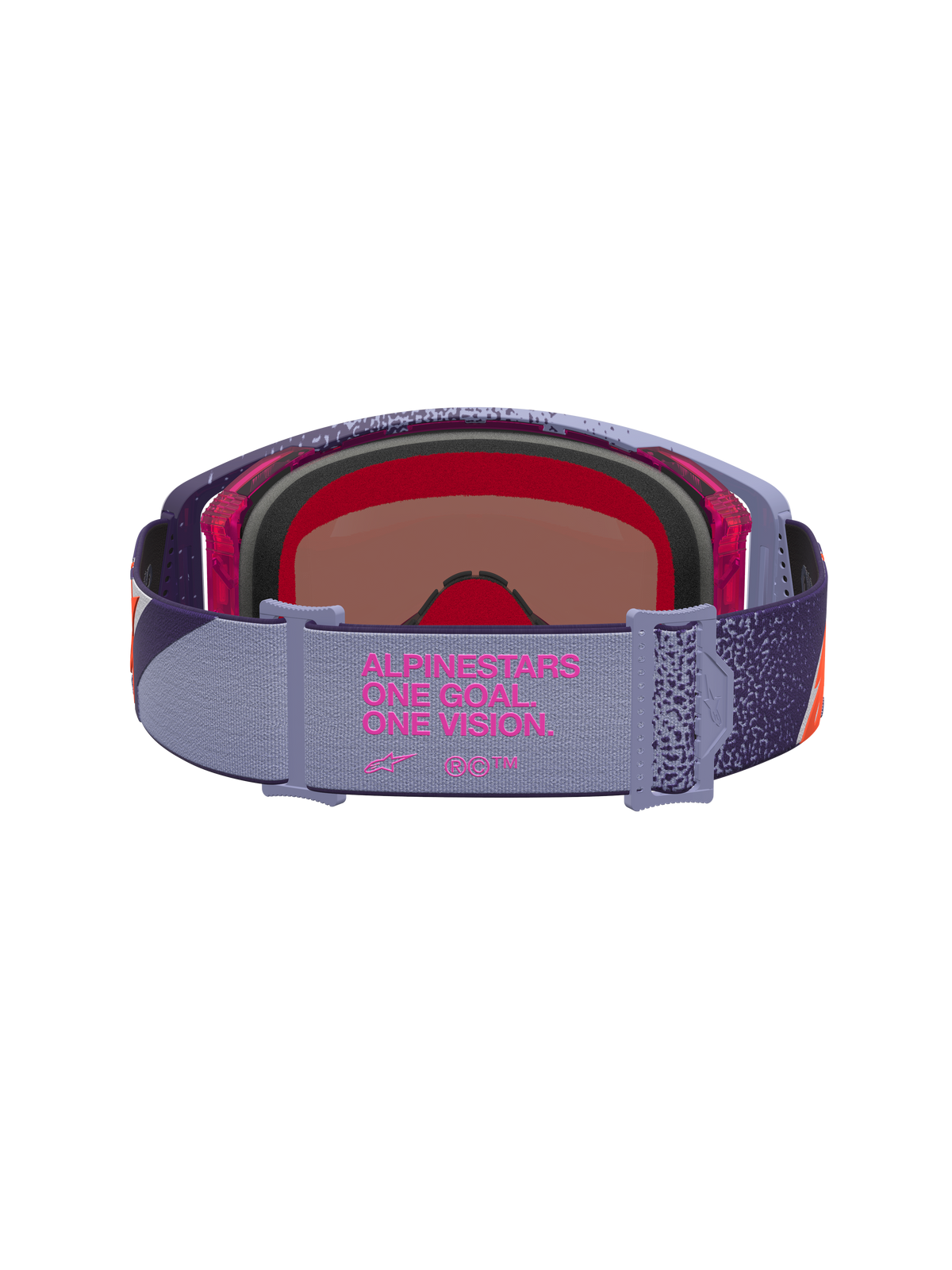 Óculos Alpinestars Supertech Hiten para motocross, roxos e vermelhos, com lente rosa espelhada e fita elástica com logótipo.