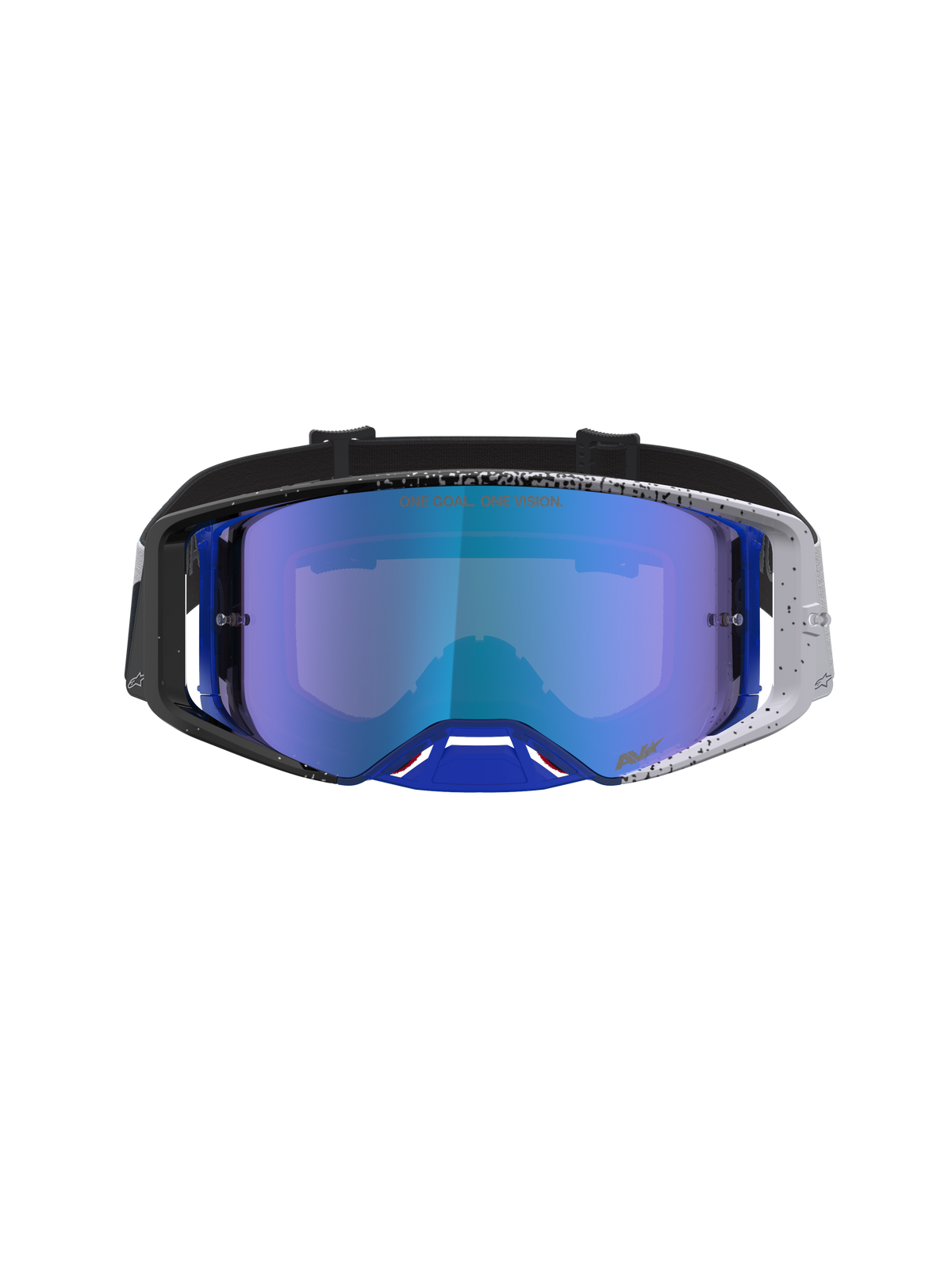 Alpinestars Supertech Hiten, óculos de motocross, pretos e azuis, lente espelhada azul e armação com design pintalgado.