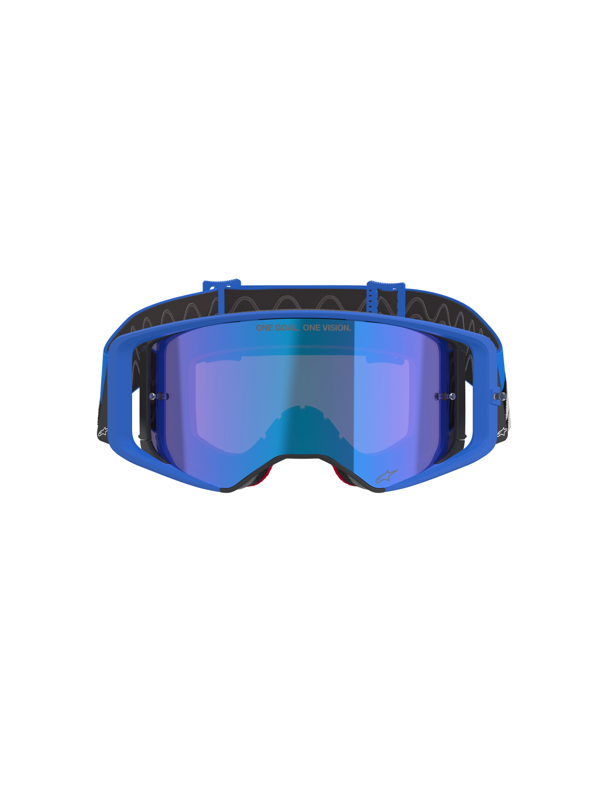 Óculos Alpinestars Supertech Stream, óculos de motocross, lente espelhada azul com armação azul, vista frontal, fita preta com logótipo branco, com o texto 'ONE GOAL... ONE VISION.' na lente, óculos de alta performance para corridas fora de estrada