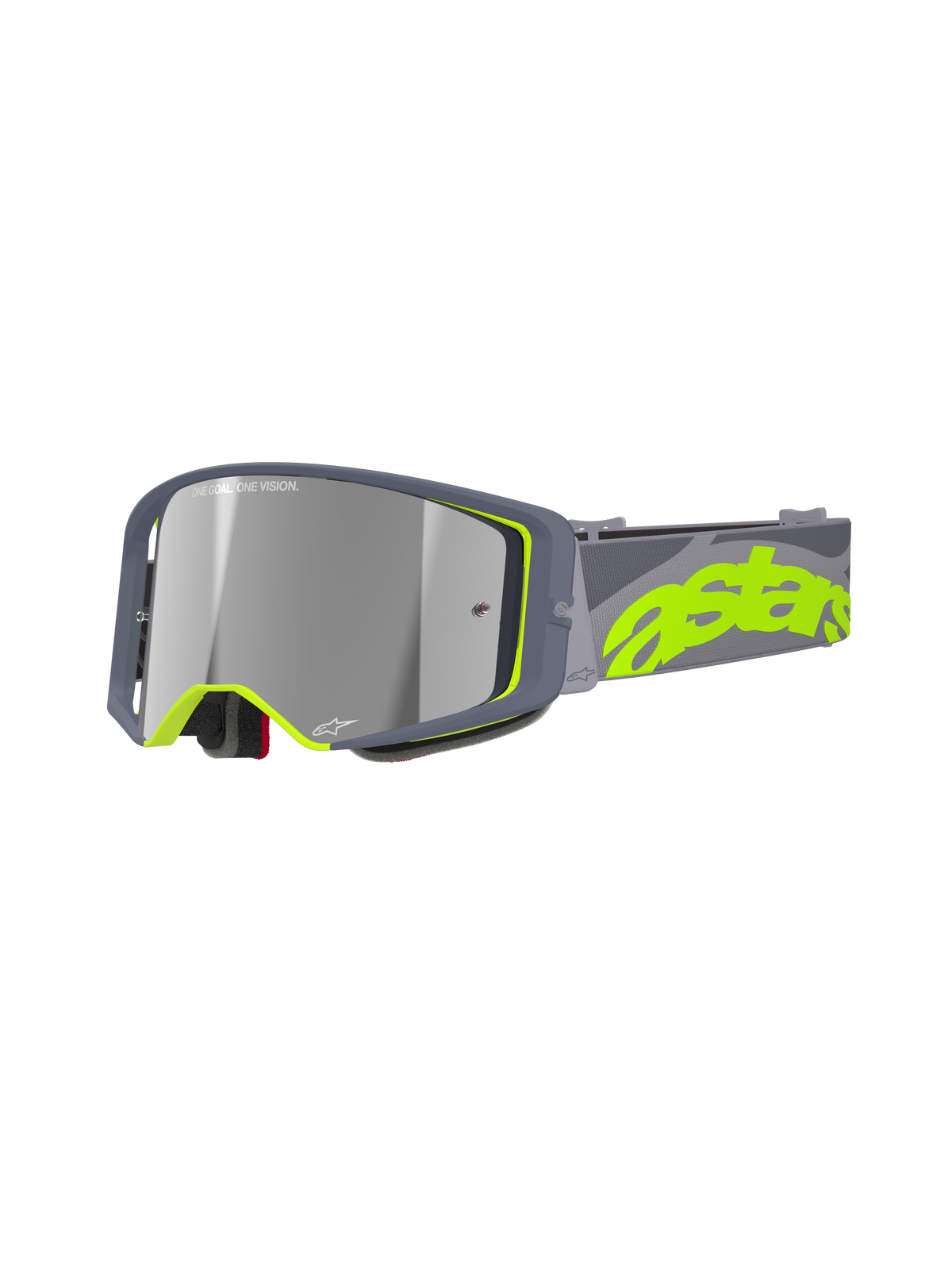 Óculos Alpinestars Supertech Stream, óculos de motocross MX, cinzentos e amarelo néon, lente prateada refletora, armação angular larga com almofada de espuma e correia ajustável com logótipo néon de destaque
