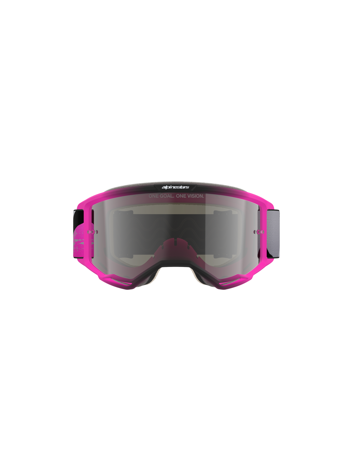 Alpinestars Vision 5 Lahnd Goggles, óculos de motocross, Iron Pink Fluo com lente prateada espelhada, armação cor-de-rosa vibrante com lente espelhada prateada, inclui o texto 'ONE GOAL. ONE VISION.', design aerodinâmico elegante para corridas fora de estrada