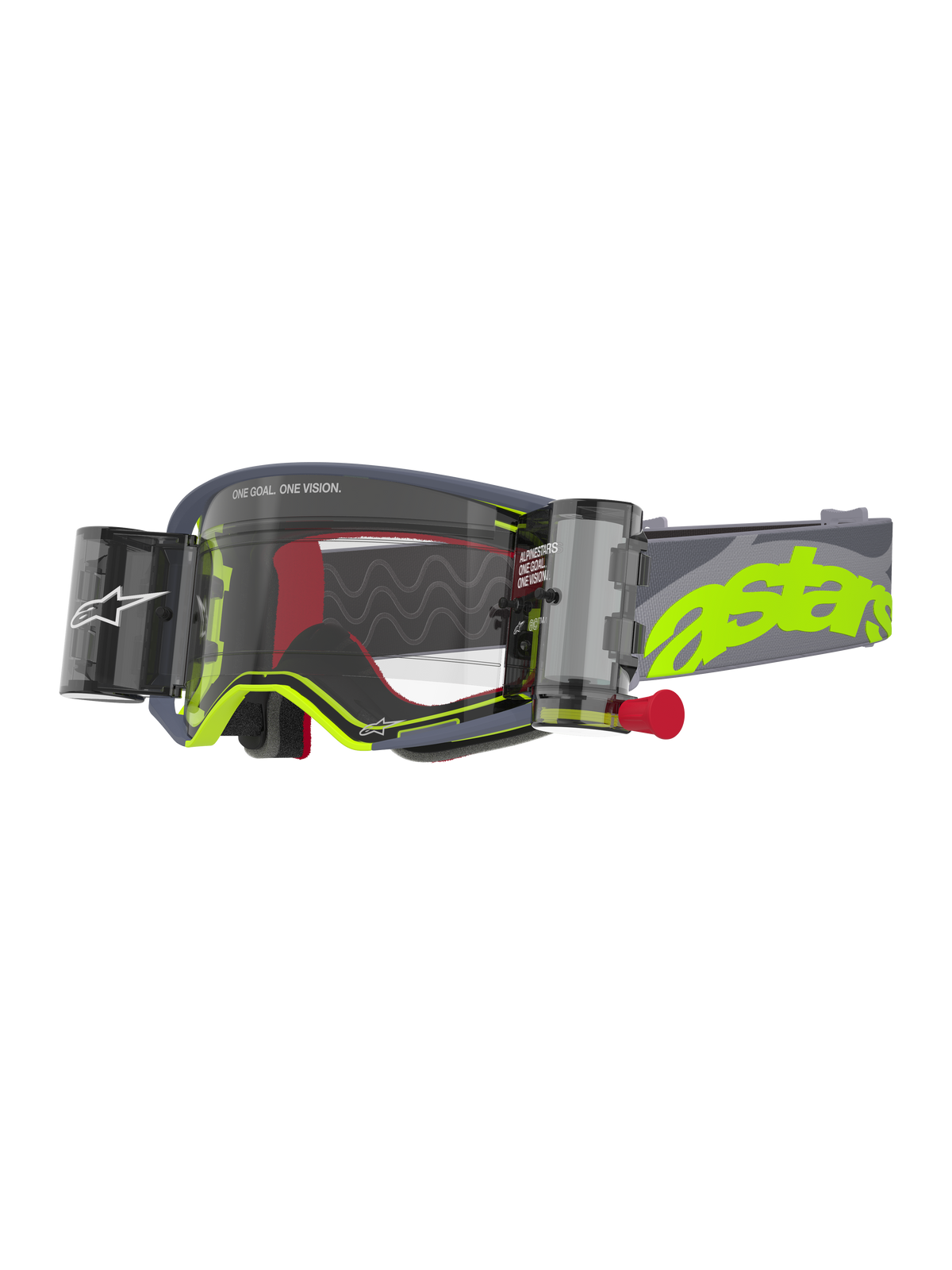 Óculos Alpinestars Supertech Stream, óculos de motocross, cinzento e amarelo fluorescente, com lente transparente e sistema Wide Vision Roll-Off integrado, cartuchos em ambos os lados com botão de puxar vermelho, linhas de deslizamento em silicone onduladas, correia cinzenta ajustável com logótipo astars grande em amarelo néon, proteção ocular de alta performance para corridas todo-o-terreno