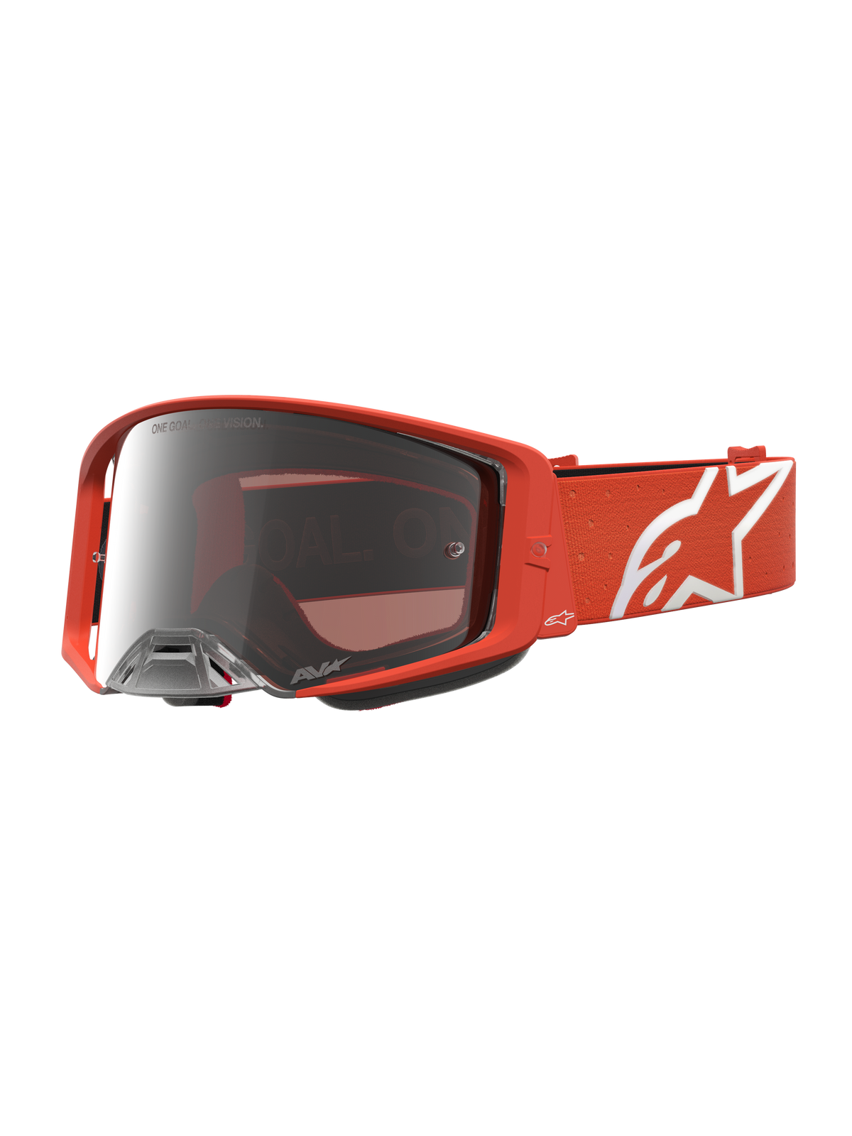 Alpinestars óculos Supertech Vesta, óculos de motocross laranja com lente espelhada prateada e fluxo de ar otimizado.