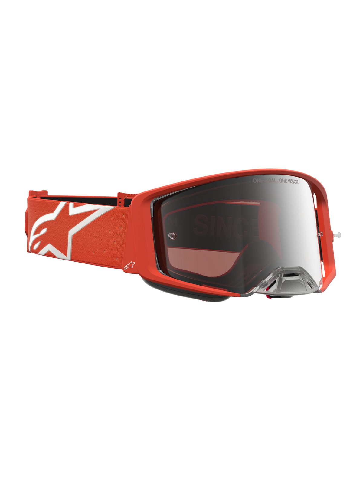 Alpinestars Supertech Vesta, óculos de motocross laranja com lente prateada espelhada e alça com logótipo de estrela branco.