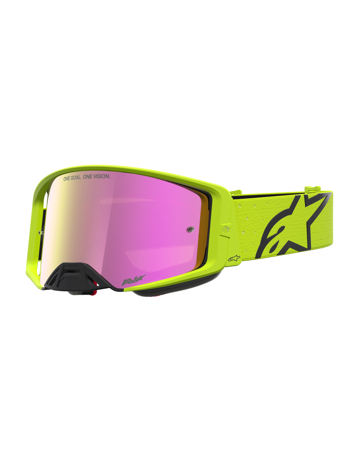 Alpinestars Supertech Vesta, óculos de motocross em amarelo fluorescente e preto, lente rosa espelhada, design técnico para proteção off-road.