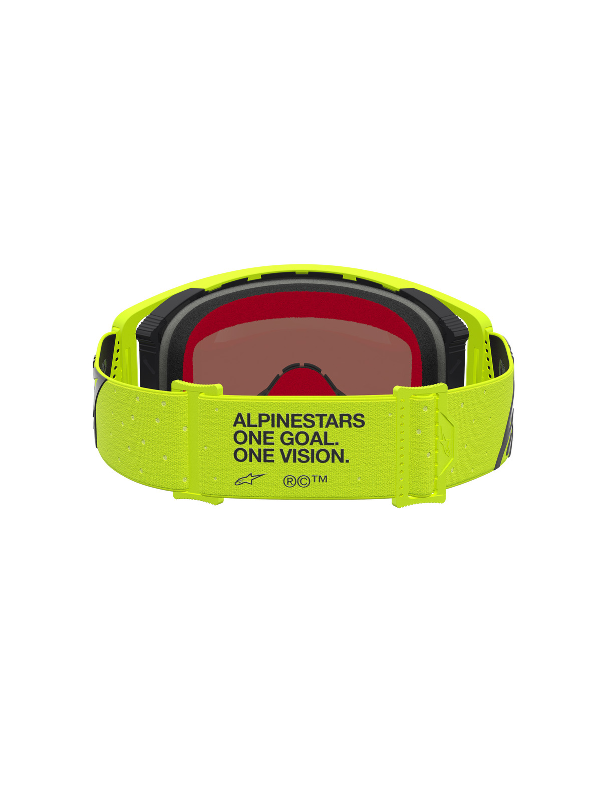 Alpinestars Supertech Vesta, óculos de motocross, amarelos fluo e pretos, com tira com o lema One Goal. One Vision. e lente espelhada protetora para todo-o-terreno.