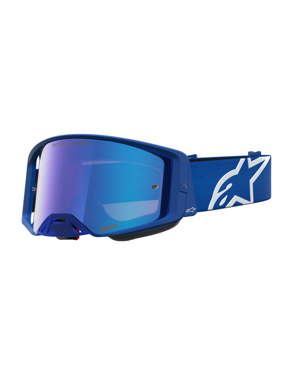 Alpinestars Supertech Vesta, óculos de motocross, azuis e brancos, lente espelhada azul e fita com logótipo Astars.