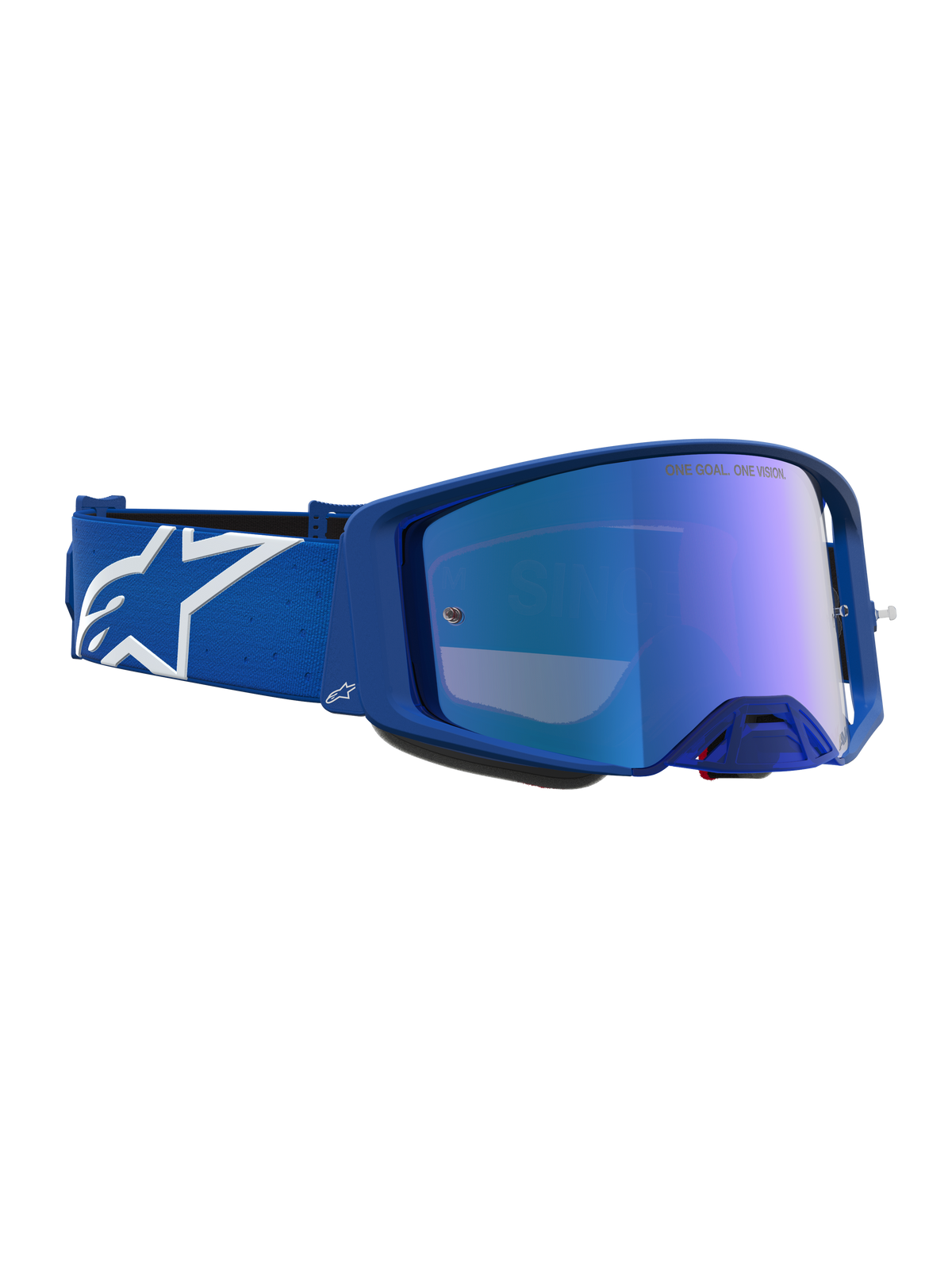 Alpinestars Supertech Vesta, óculos de motocross e todo-o-terreno, azuis e brancos, com lentes azuis espelhadas para corrida, logótipo Astars na correia elástica