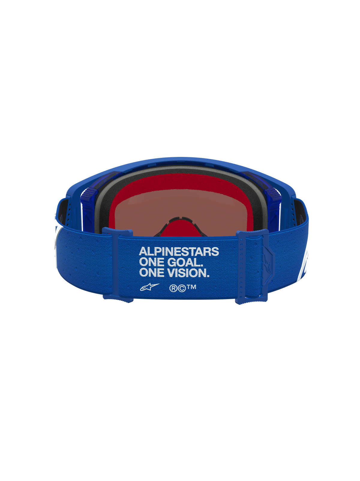 Alpinestars Supertech Vesta, óculos de motocross, azuis e brancos, vista da alça com slogan One Goal One Vision