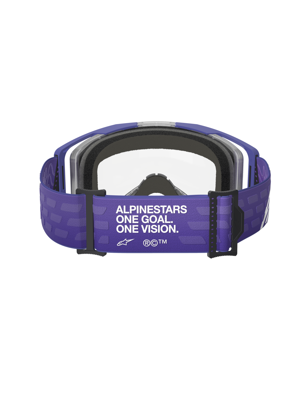 Óculos Alpinestars Vision 8 Corp, óculos de motocross, roxo transparente, vista traseira mostrando a correia roxa com a marca 'ALPINESTARS ONE GOAL. ONE VISION.', lente transparente e espuma preta, equipamento de corrida off-road