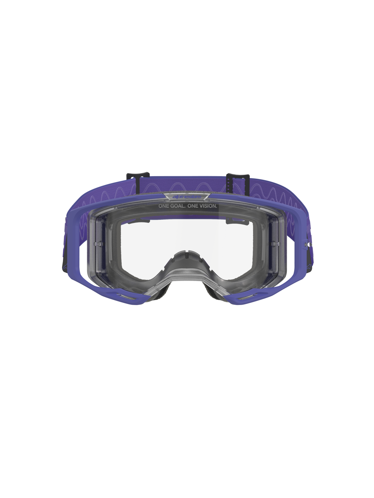 Óculos Alpinestars Vision 8 Corp, óculos de motocross, roxo e transparente, com armação A-FLEX roxa, lente transparente anti-embaciamento e correia tecida roxa larga com padrão de ondas, proteção ocular de alto desempenho para corridas off-road