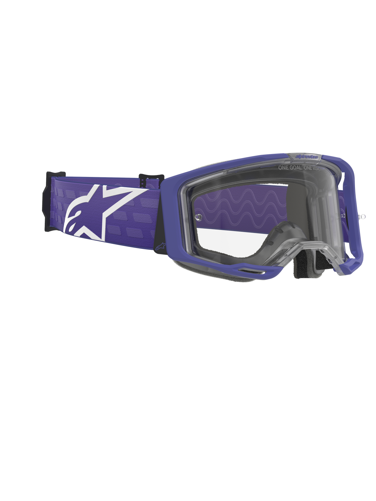 Óculos Alpinestars Vision 8 Corp, óculos de motocross, roxo e transparente, armação roxa mate com lente transparente, fita larga tecida em roxo com um grande logótipo Alpinestars em branco, equipamento de proteção ocular off-road de alto desempenho