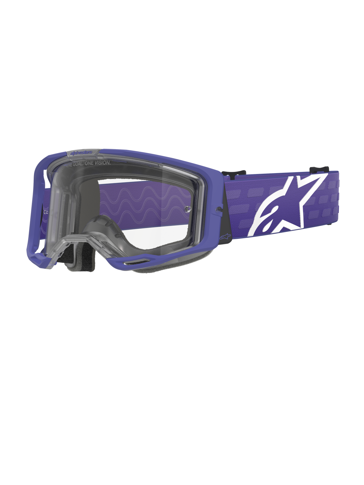Alpinestars Vision 8 Corp Goggles, óculos de motocross, roxo e transparente, com uma armação A-FLEX roxa e lente transparente, correia roxa com grande logótipo de estrela branco, amplo campo de visão, concebidos para desempenho em corridas todo-o-terreno