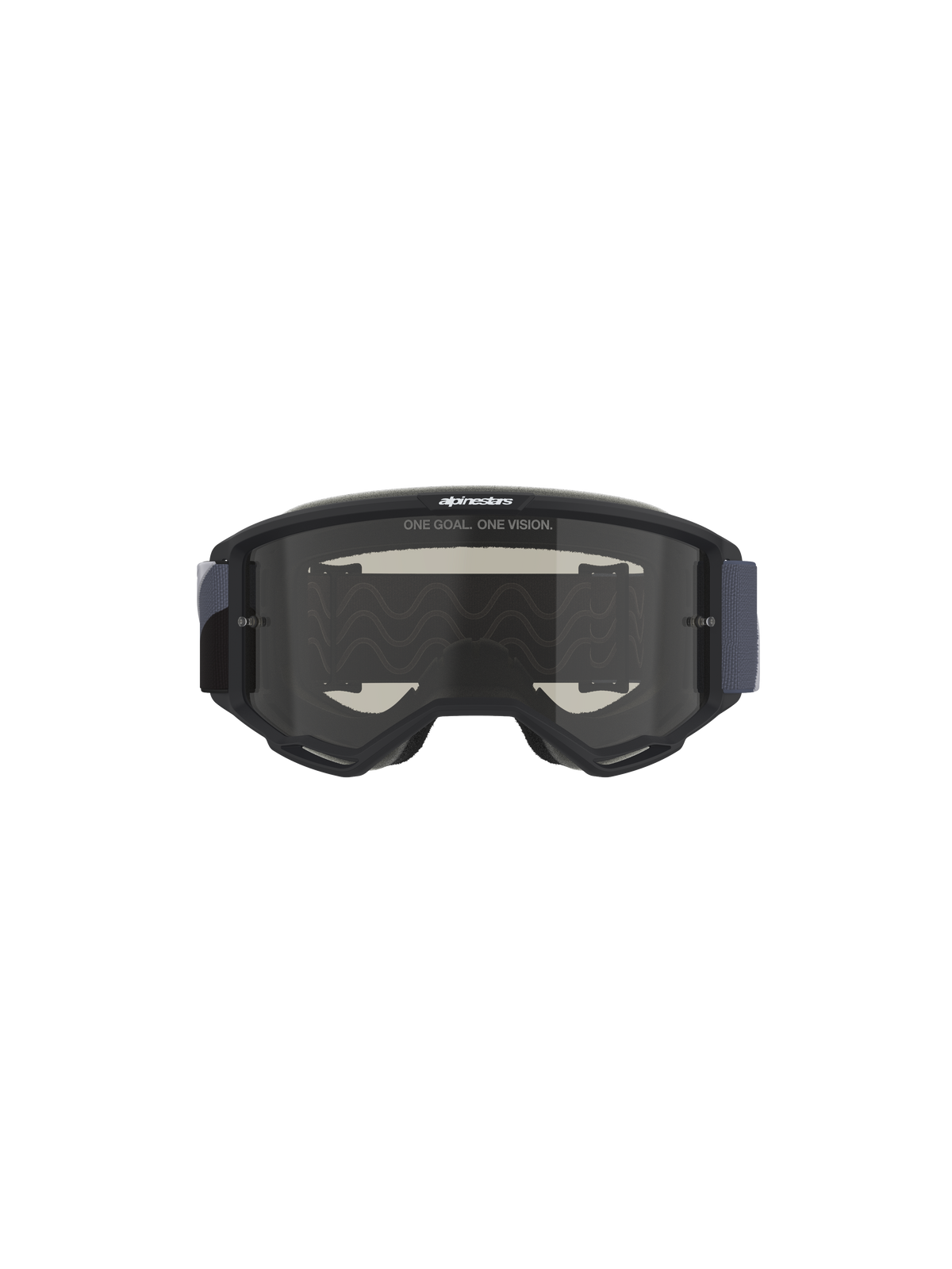 Alpinestars Vision Sand Goggles, óculos de motocross, pretos e cinzentos com lente de fumo escuro, com o slogan 'ONE GOAL. ONE VISION.' na lente, fita larga tecida, concebidos para proteção contra pó e areia em condições de todo-o-terreno.