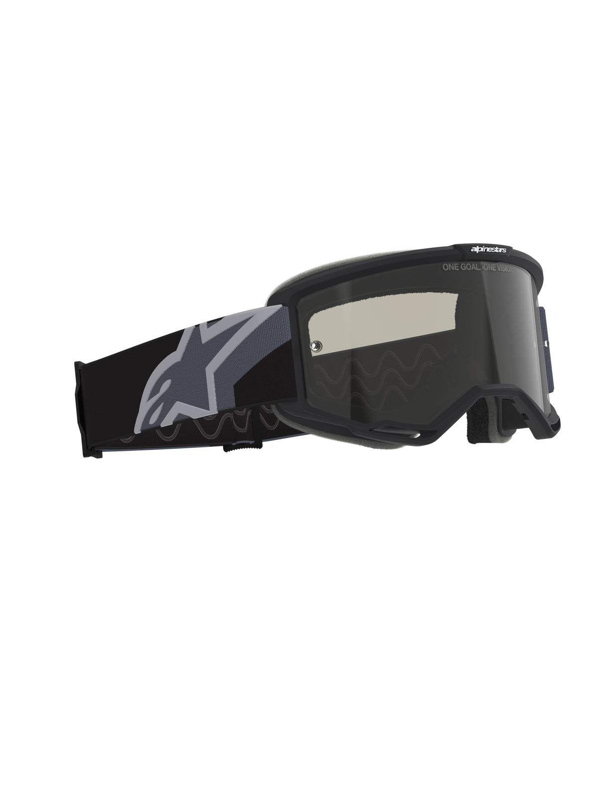 Óculos Alpinestars Vision Sand, óculos de motocross e todo-o-terreno, pretos e cinzentos com lente de fumo escuro, tira larga tecida com um grande logótipo de estrela cinzento, armação preta mate com ventilação RAM-AIR e espuma facial de várias camadas para proteção na condução no deserto