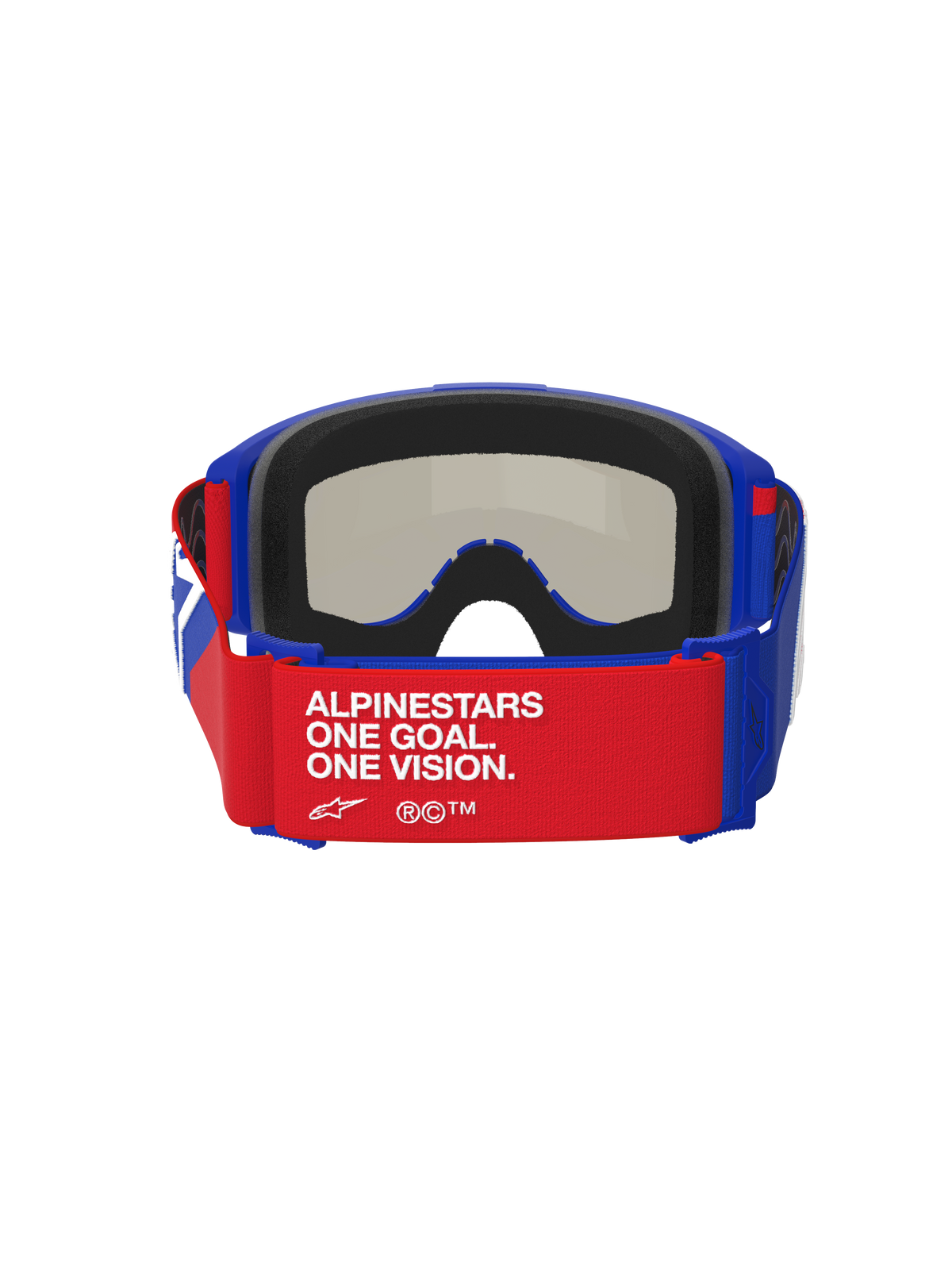 Óculos Alpinestars Vision Sand, Azul, Vermelho e Branco, vista traseira com uma correia vermelha e o texto branco 'ALPINESTARS ONE GOAL. ONE VISION.', armação azul com acolchoamento espesso de espuma preta, lente de fumo escuro visível do interior, óculos de motocross de alta performance