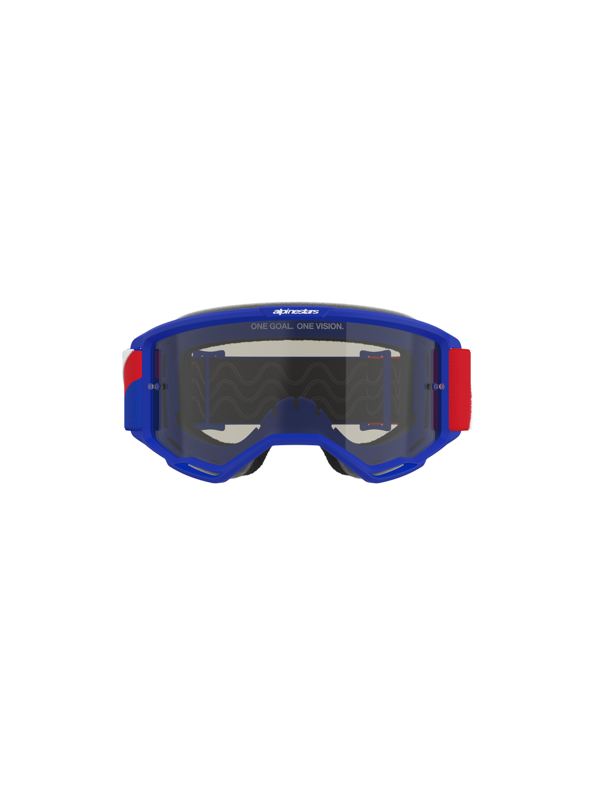 Óculos Alpinestars Vision Sand, armação azul com detalhes na correia em vermelho e branco, lente fumada escura, com o slogan 'ONE GOAL. ONE VISION.' na parte superior, óculos de motocross de alta performance concebidos para proteção em deserto e off-road