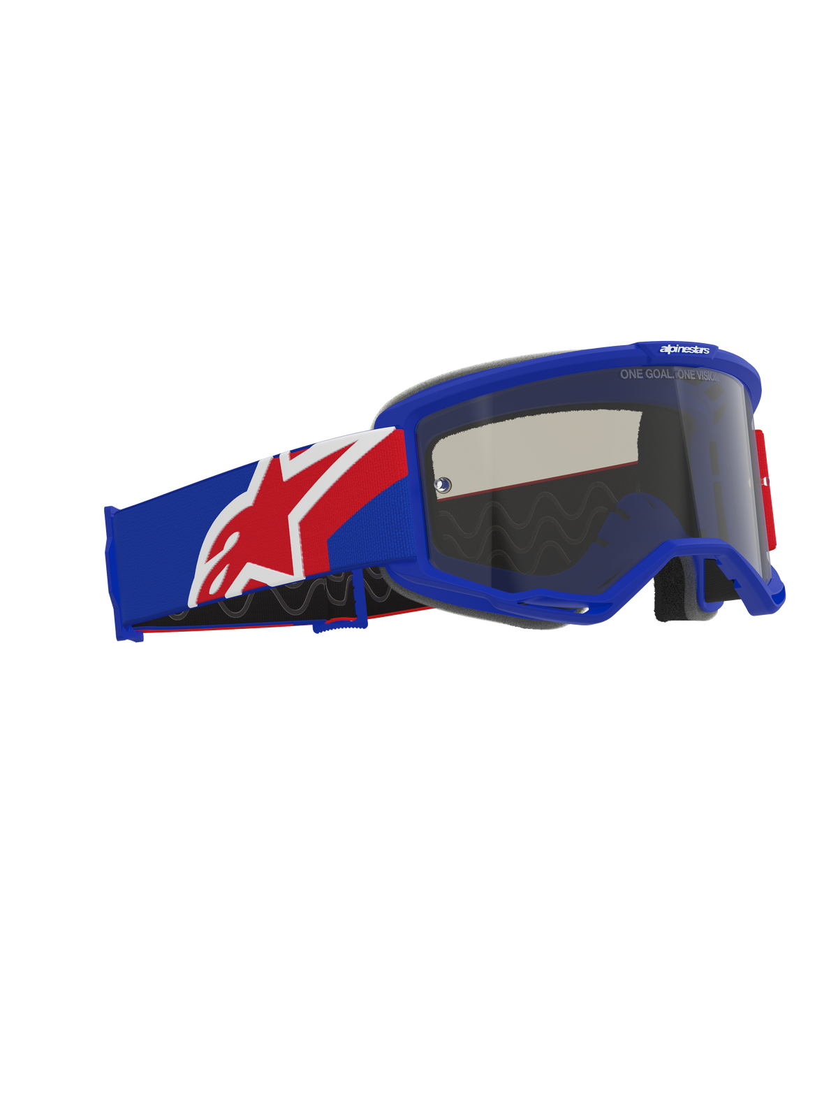 Óculos Alpinestars Vision Sand, proteção ocular para motocross off-road, armação e fita em azul, vermelho e branco, lente fumada Dark Smoke, com uma fita larga com suporte de silicone e espuma facial ergonómica