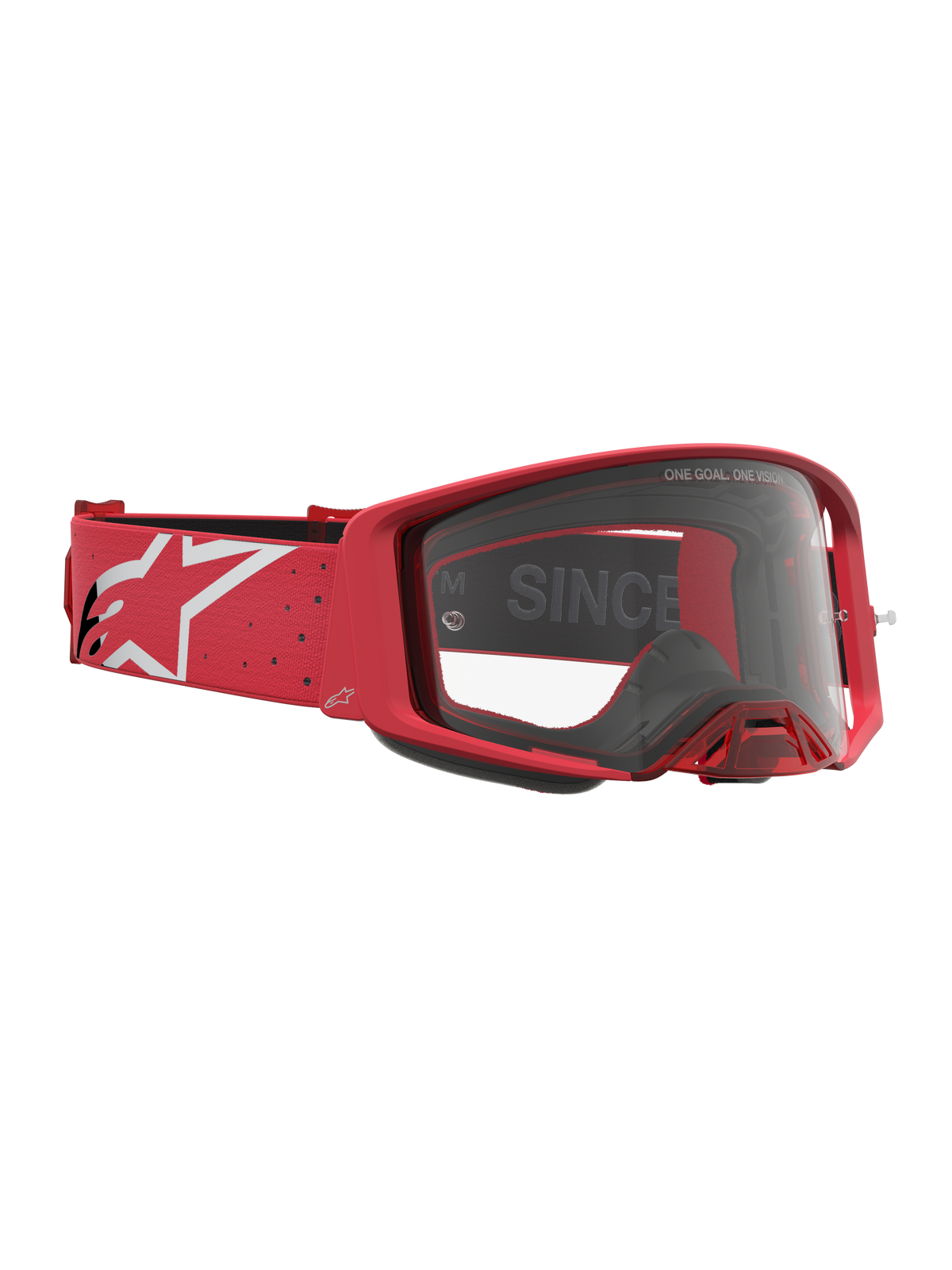 Alpinestars Supertech Vesta, óculos de motocross vermelhos e brancos, com lente transparente e fita com logótipo Astars.