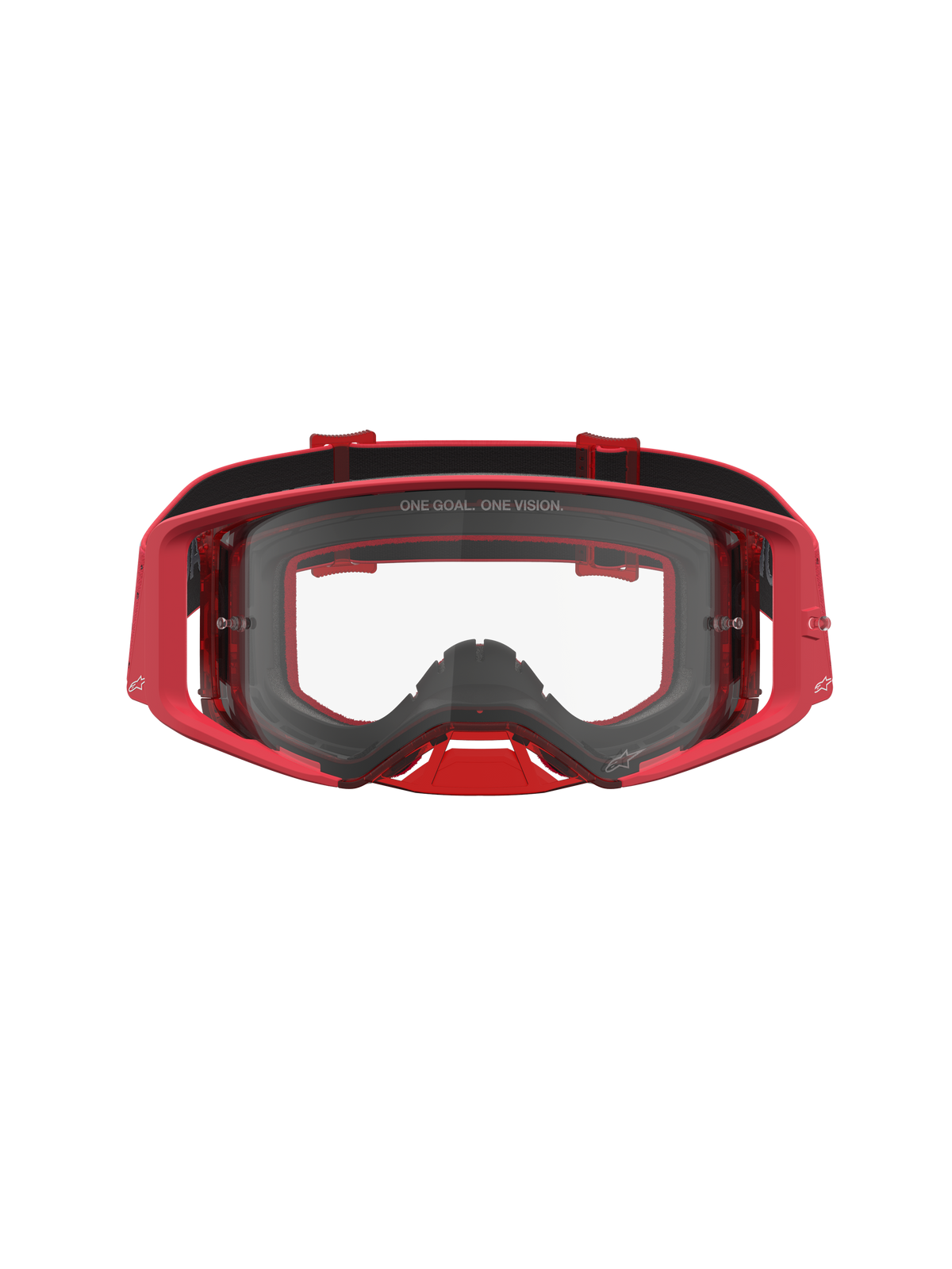 Alpinestars Supertech Vesta, óculos de motocross vermelhos com lente transparente e visão periférica ampla.