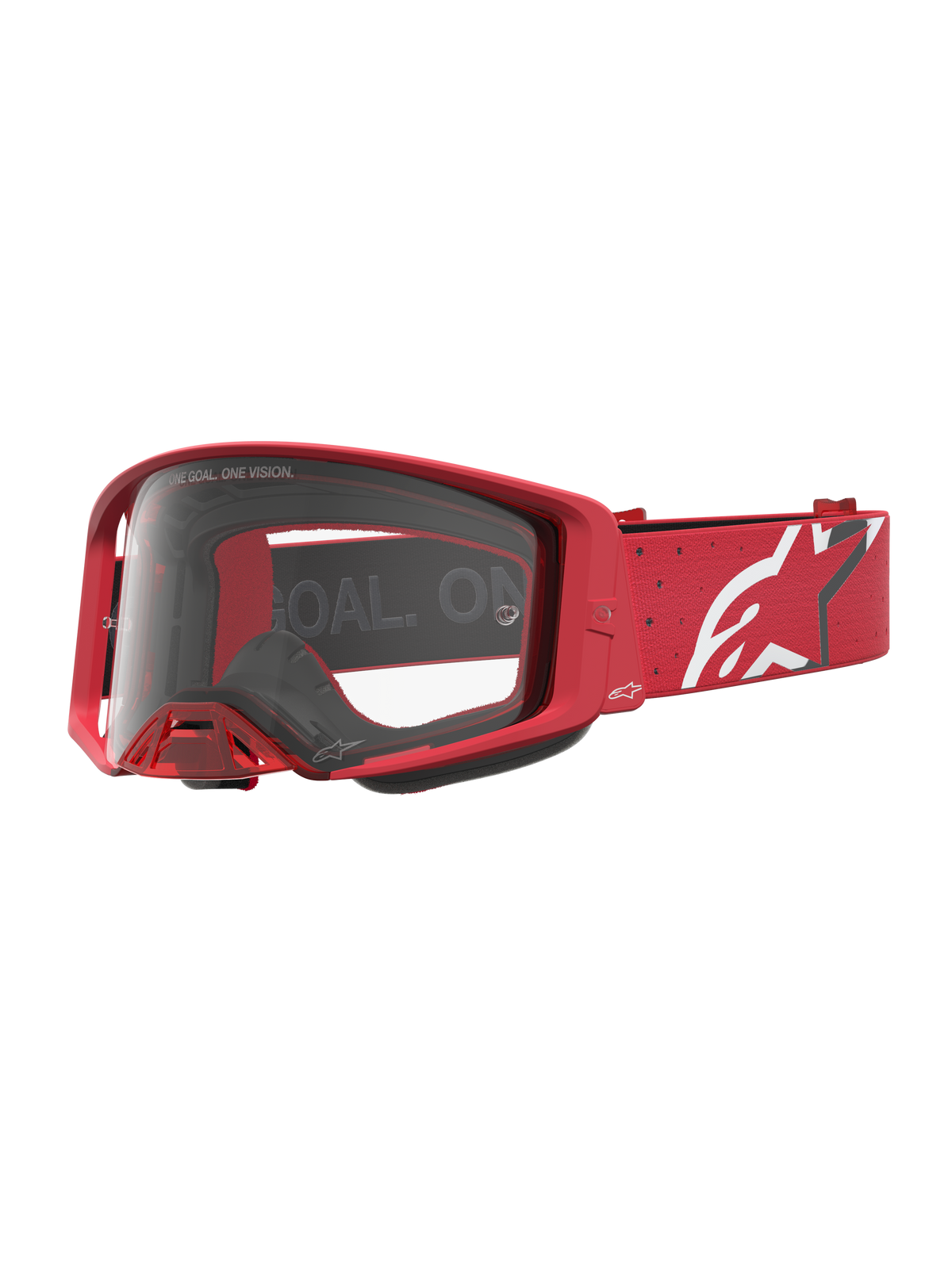 Óculos de motocross Alpinestars Supertech Vesta, vermelhos com lente transparente e logótipo Astars branco na correia.