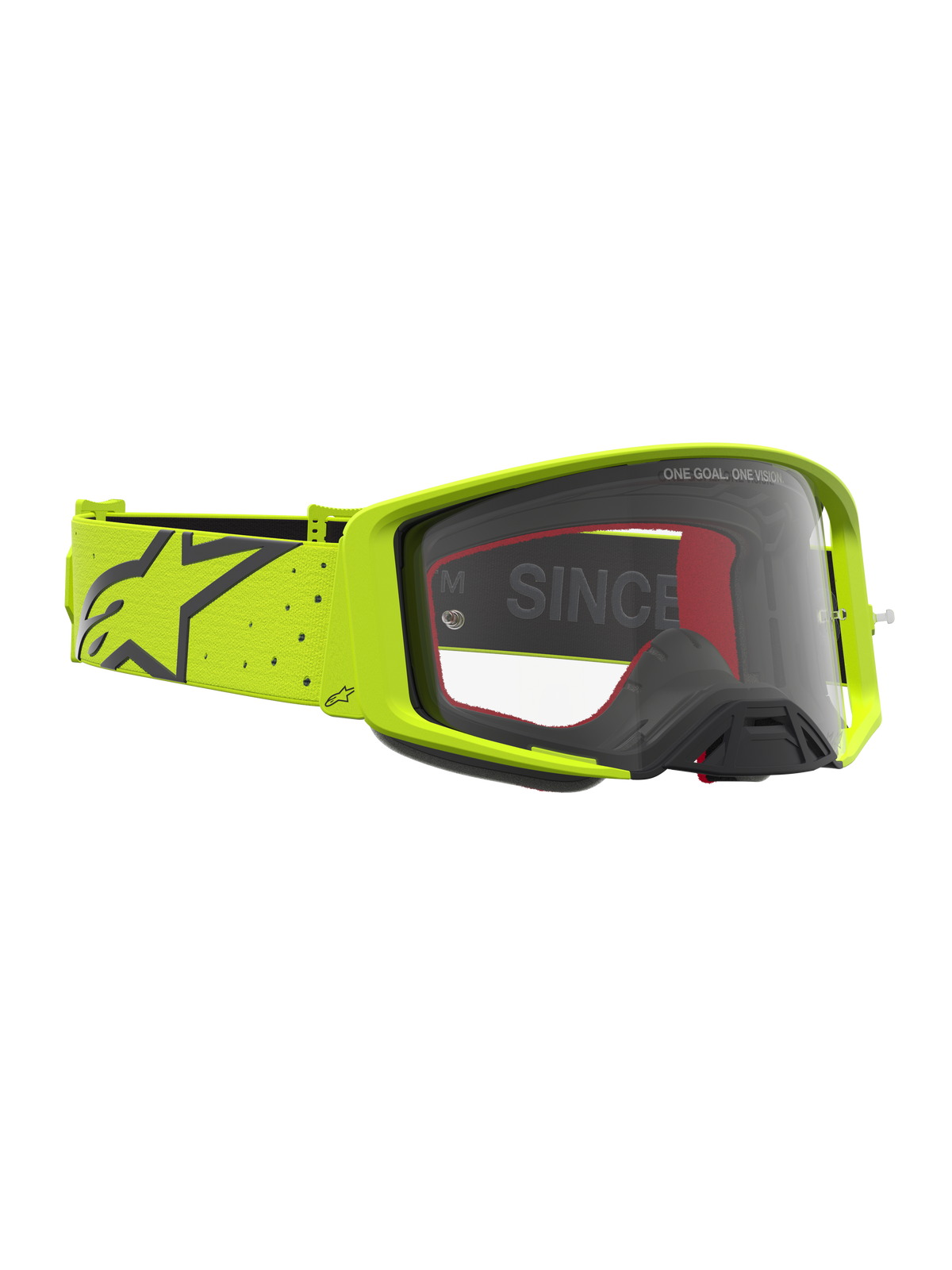 Alpinestars Supertech Vesta, óculos de motocross, amarelos fluo e pretos, lente transparente e alça elástica larga.