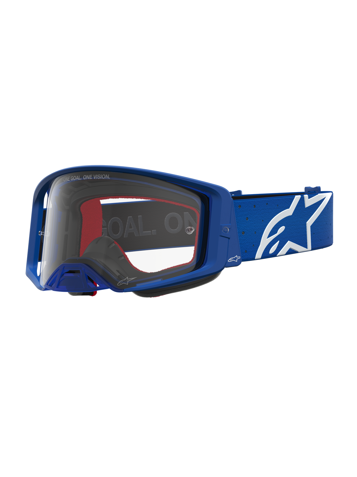 Alpinestars Supertech Vesta, óculos de motocross azuis e brancos, lente transparente de policarbonato e logótipo de estrela.