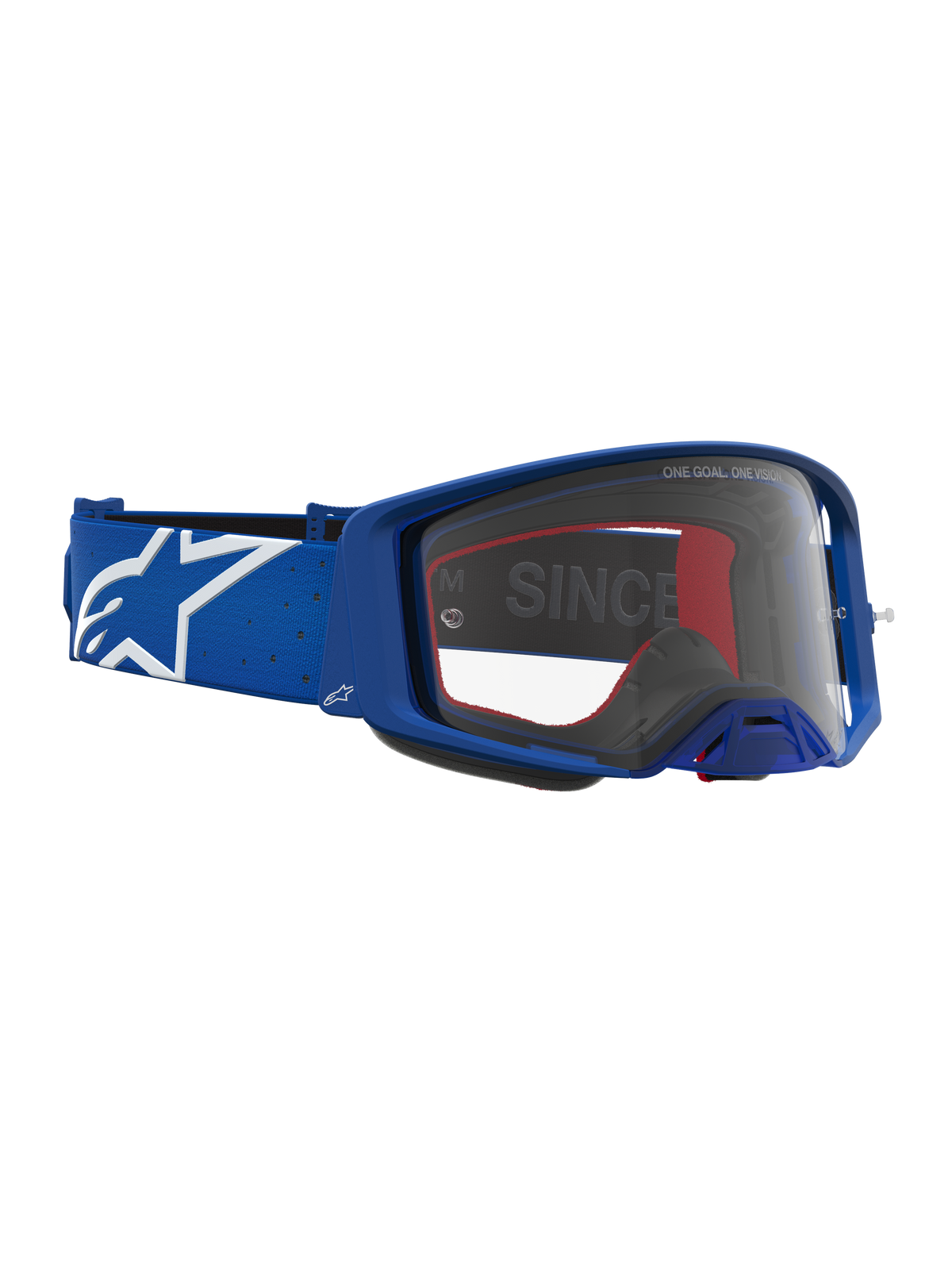 Óculos Supertech Vesta da Alpinestars, óculos de motocross azul e branco com lente transparente e design de alta performance.