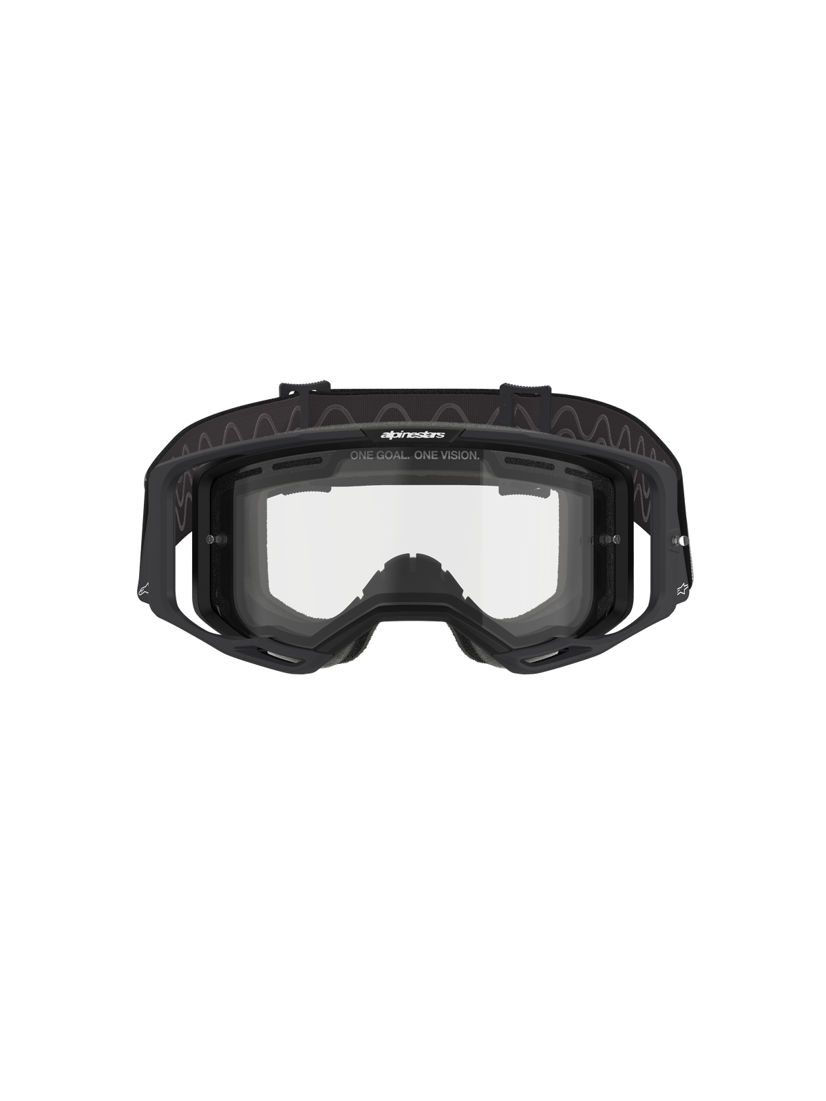 Óculos Alpinestars Vision 8 Corp - Dual Pane, óculos de motocross, armação preta com lente transparente de painel duplo, vista frontal mostrando os suportes e a marca "ONE GOAL. ONE VISION.", proteção ocular técnica para corridas off-road