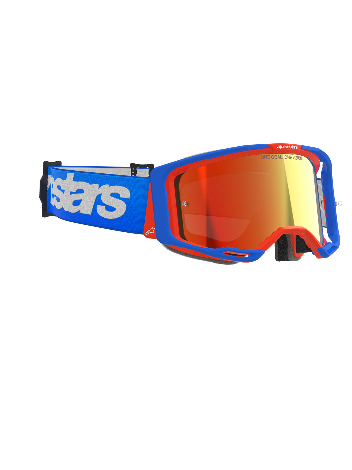 Óculos Alpinestars Vision 8 Wordmark, óculos de motocross, armação azul e laranja com lente espelhada vermelha, correia azul com logótipo Alpinestars branco de grandes dimensões, proteção ocular de alto desempenho para corridas todo-o-terreno