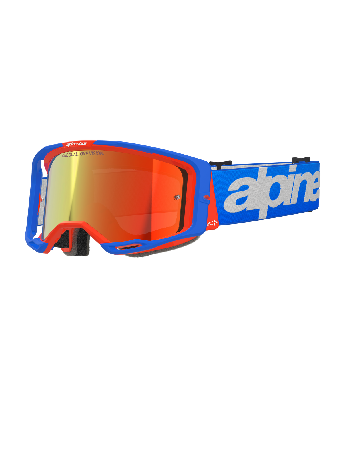 Alpinestars Vision 8 Wordmark Goggles, óculos de motocross, azuis e laranja com lente espelhada vermelha, amplo campo de visão, correia azul ajustável com logótipo branco em destaque, acolchoamento em espuma e ventilação para todo-o-terreno