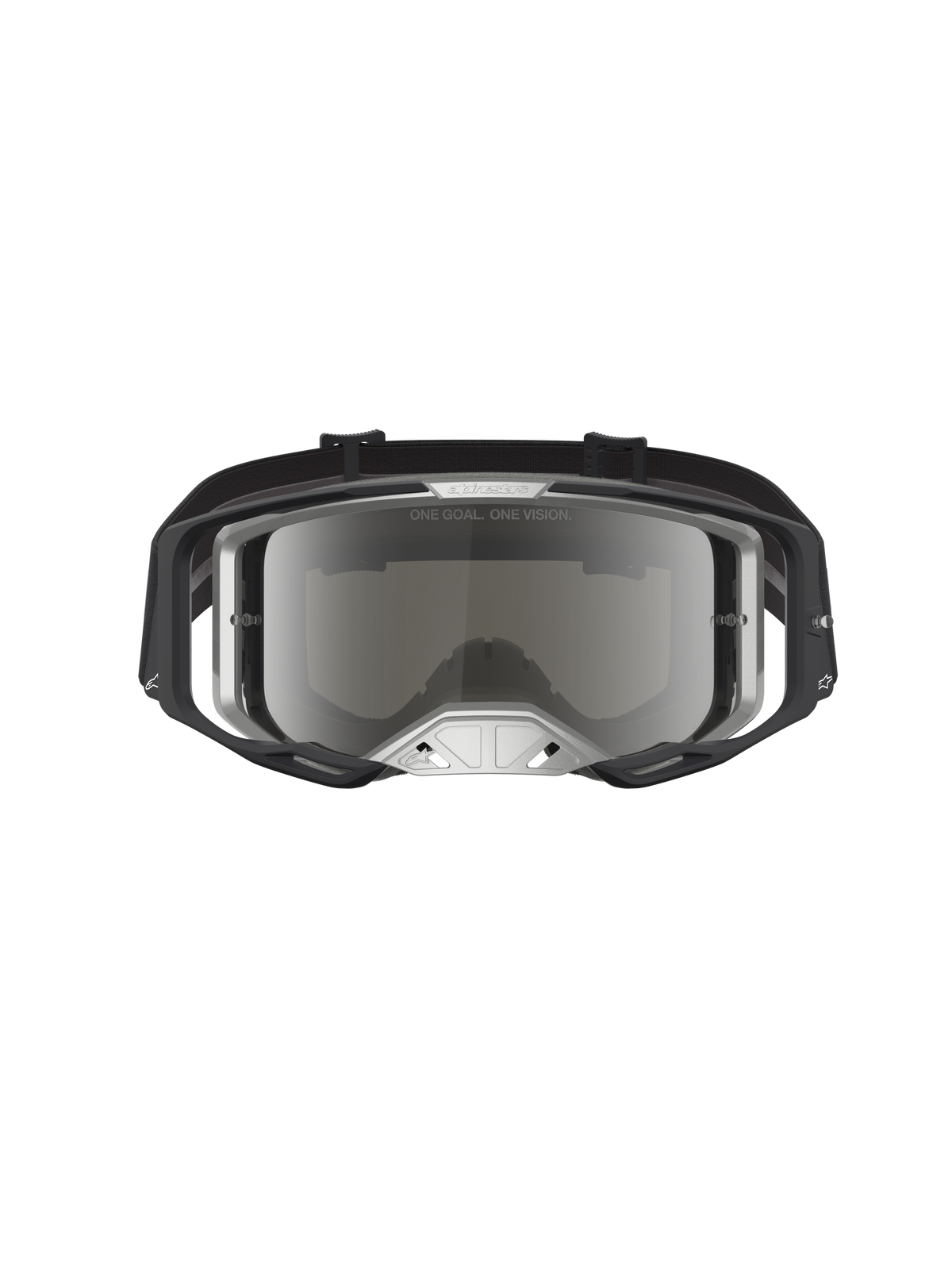 Alpinestars Vision 8 Âmbar Espelhado, óculos de motocross pretos e prateados, lente espelhada e ventilação RAM-AIR.