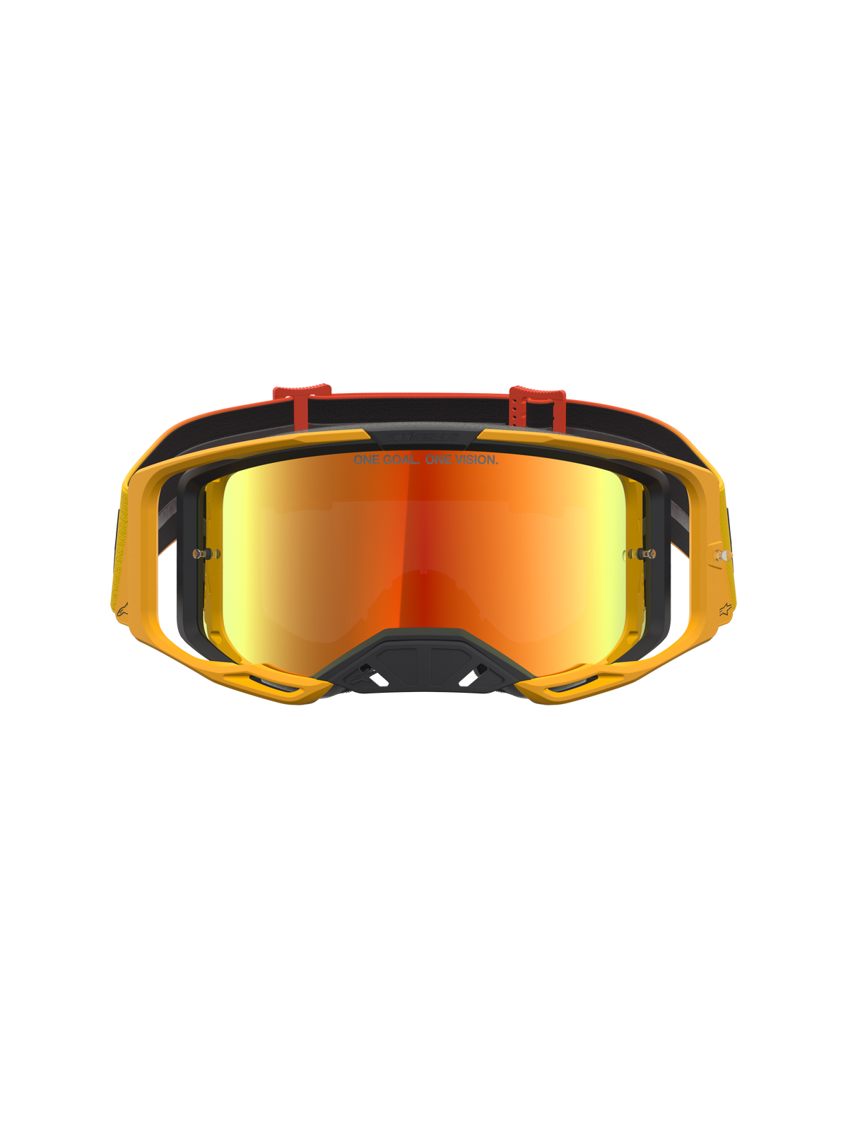 Alpinestars Vision 8 Âmbar Espelhados, óculos de motocross amarelos com lente espelhada vermelha e ventilação RAM-AIR.