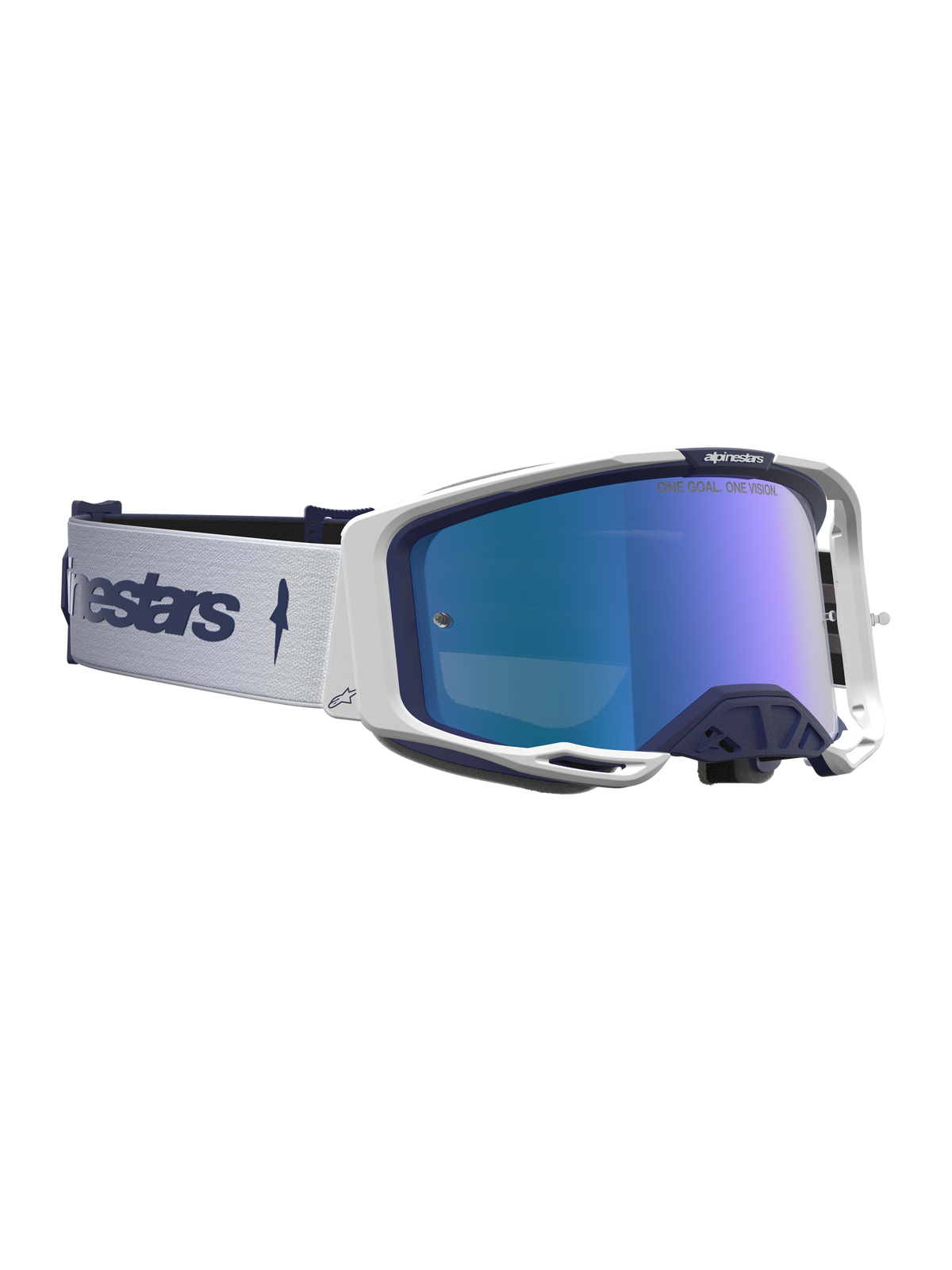 Alpinestars Vision 8 Amber, óculos de motocross azul-marinho e branco com lente espelhada azul e ventilação RAM-AIR.