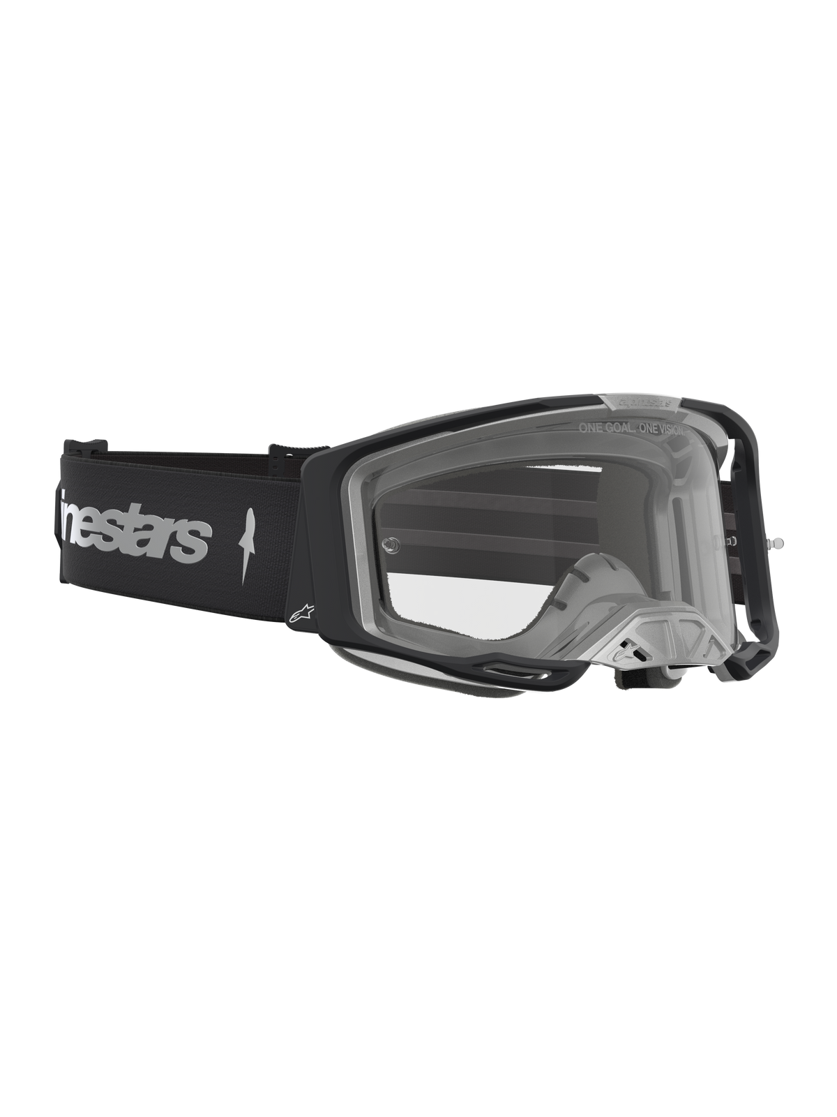 Alpinestars Vision 8 Amber, óculos de motocross para corrida, pretos e prateados, lente transparente e armação A-FLEX.