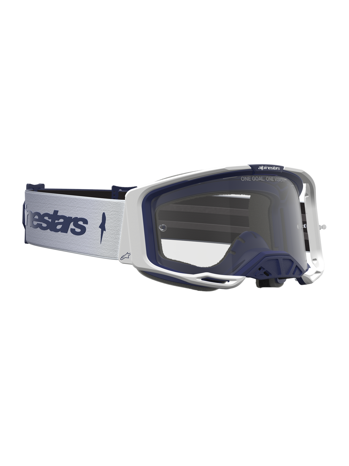 Alpinestars Vision 8 Amber, óculos de motocross para corridas de todo-o-terreno, brancos e azul-marinho, lente transparente e armação A-FLEX.